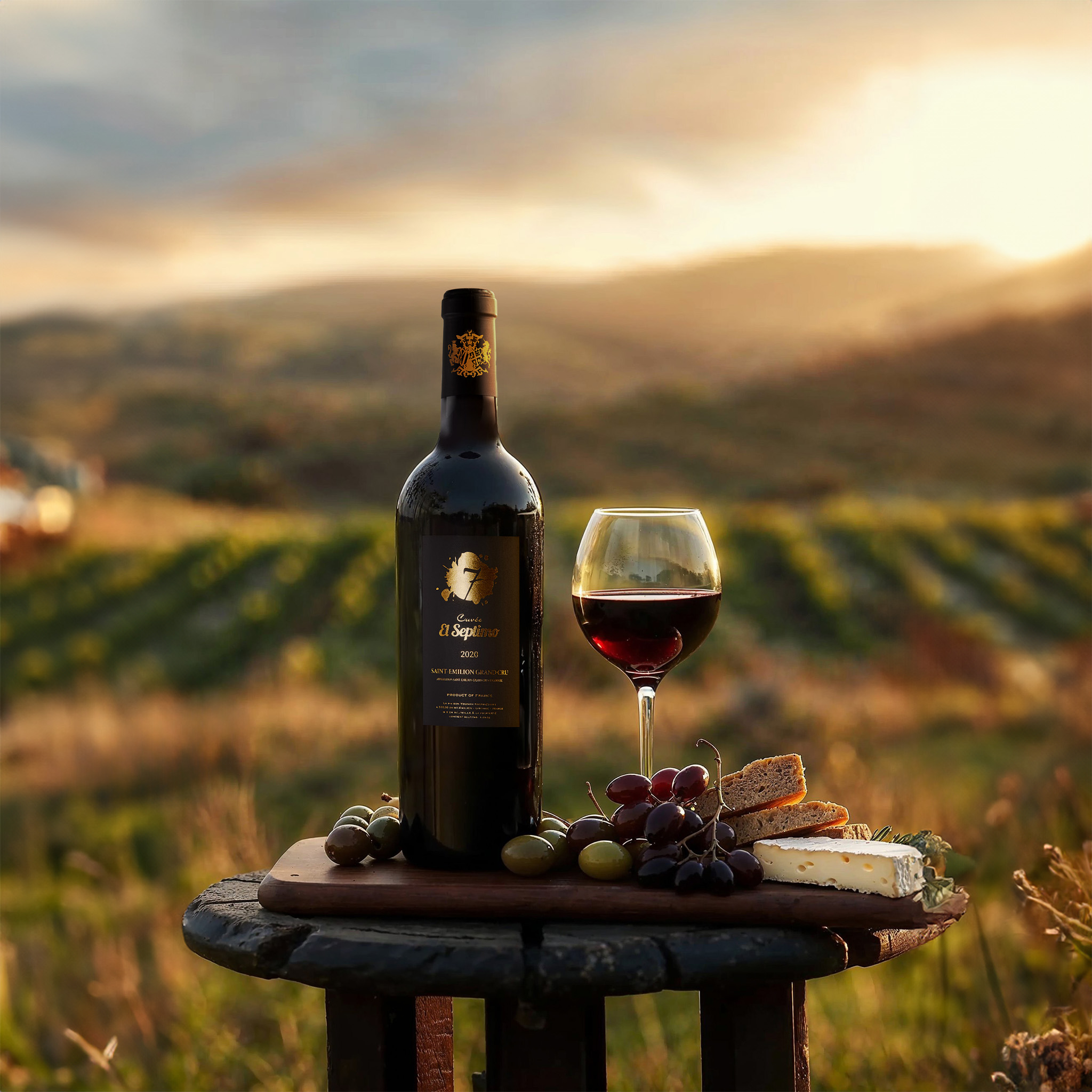 Wine bottle vineyard sunset, AI-generated image by 35milimetre