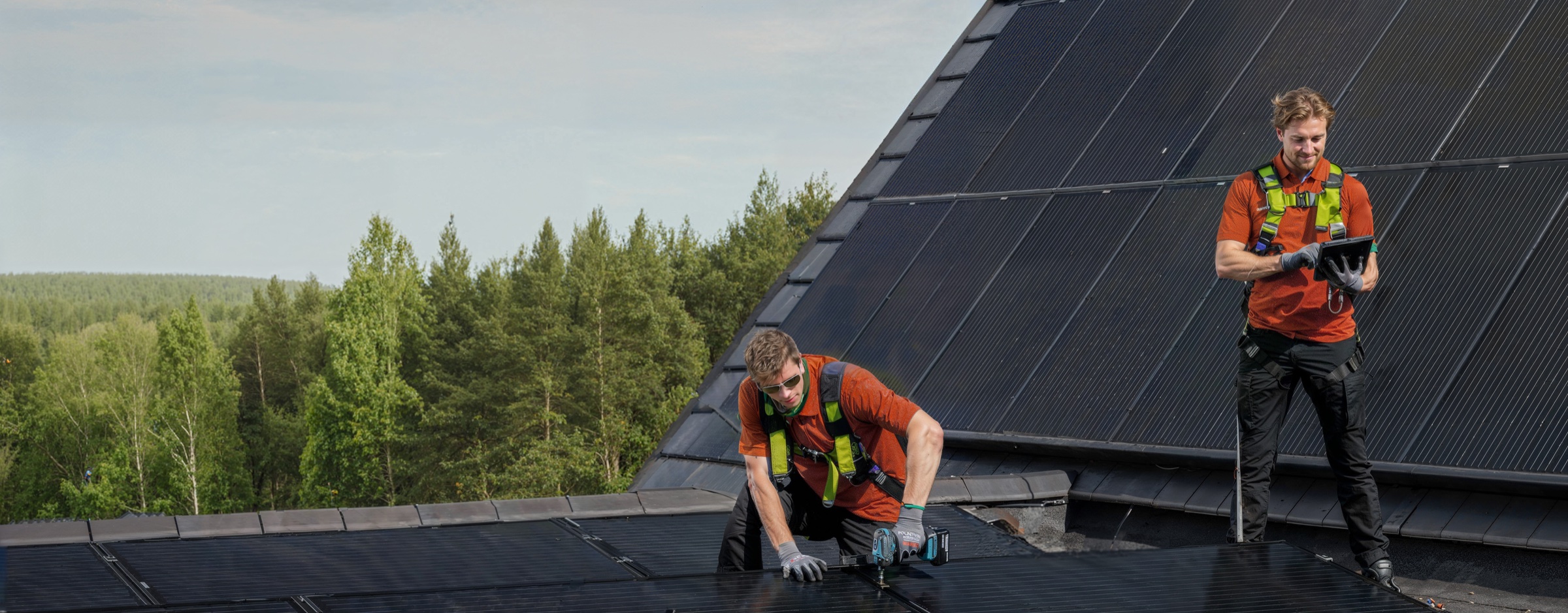 Solar panel installers rooftop, AI-generated image by 35milimetre