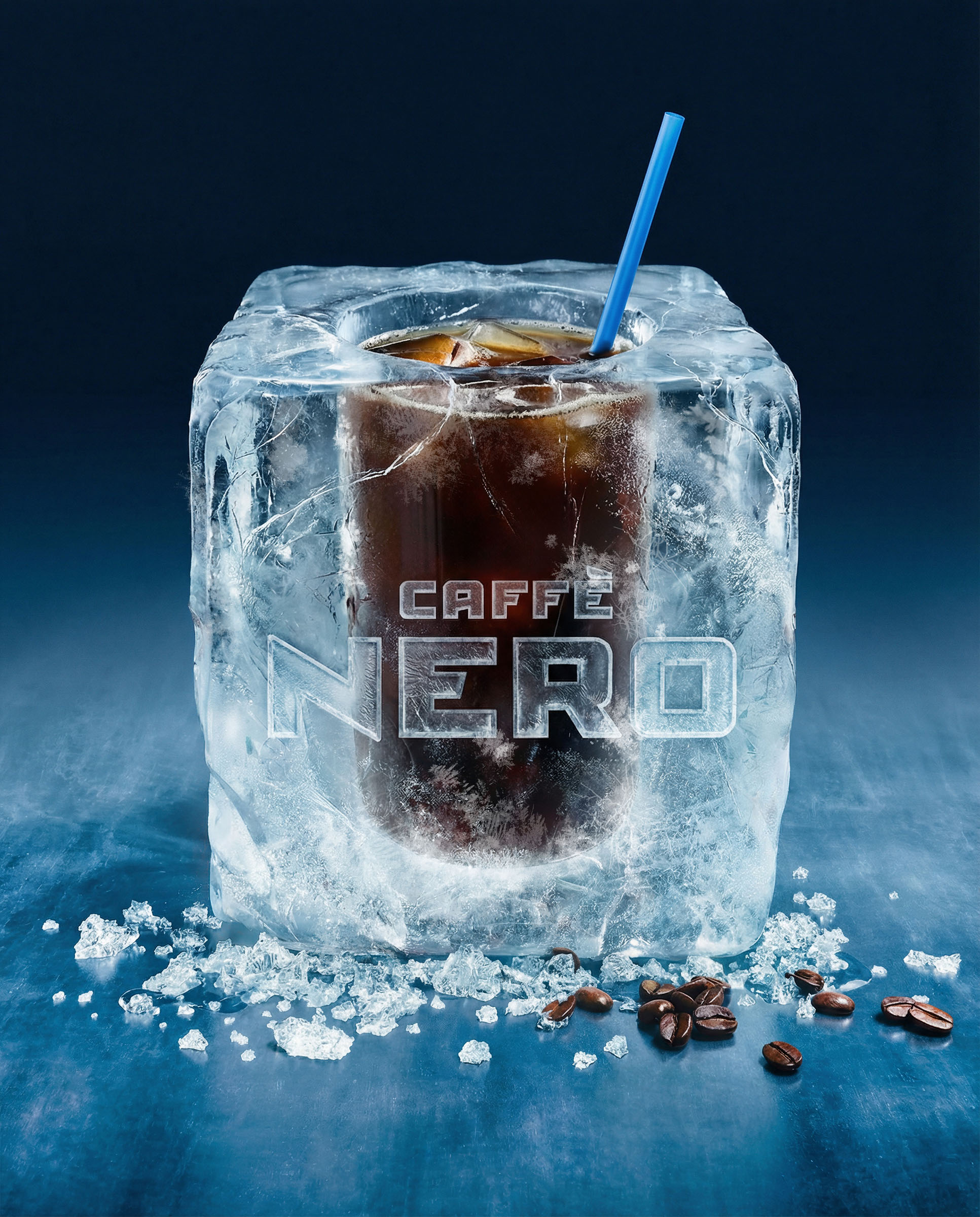 Caffe nero iced coffee ice block, beverage visual by 35milimetre