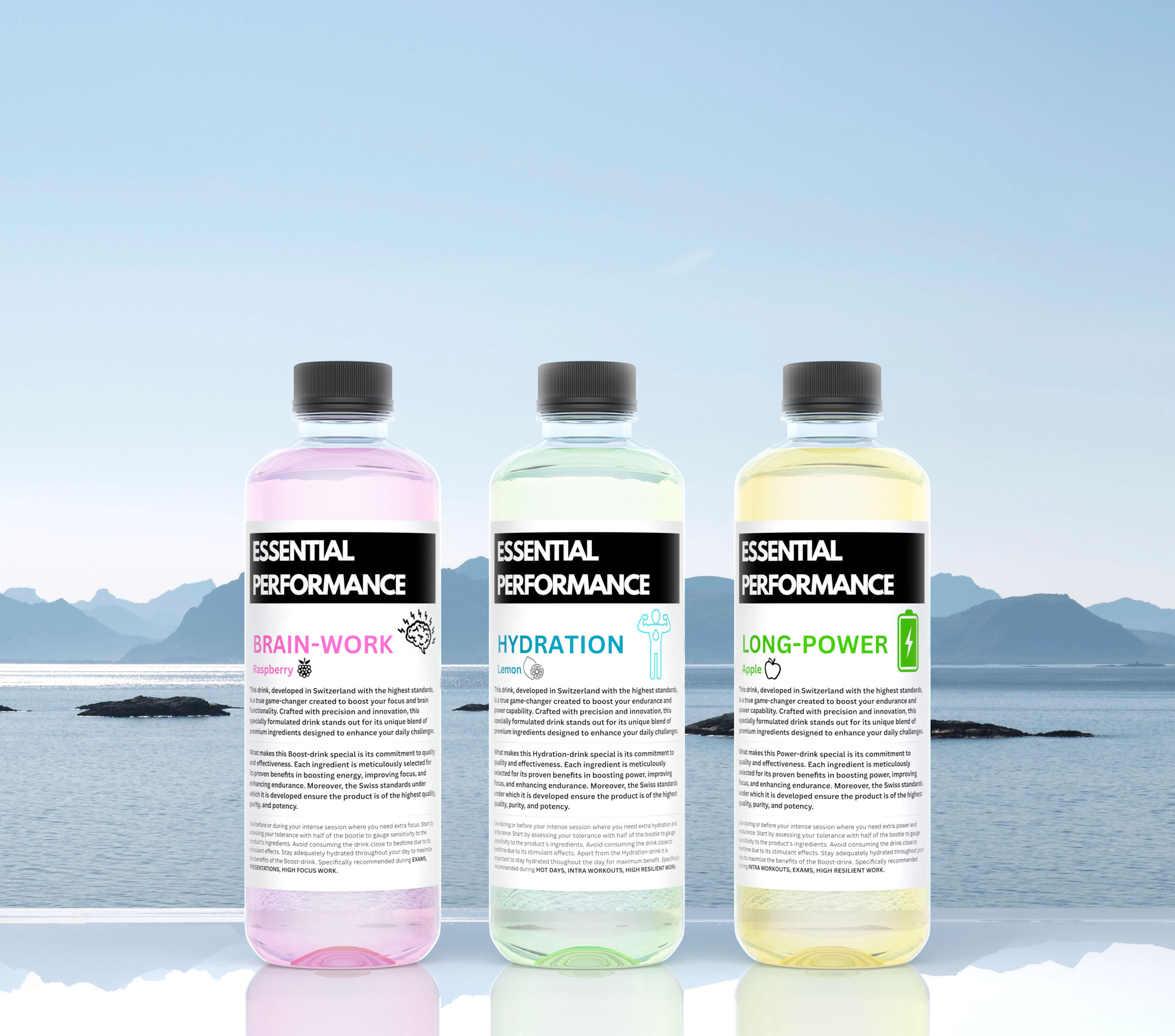 Essential performance bottle trio, beverage visual by 35milimetre