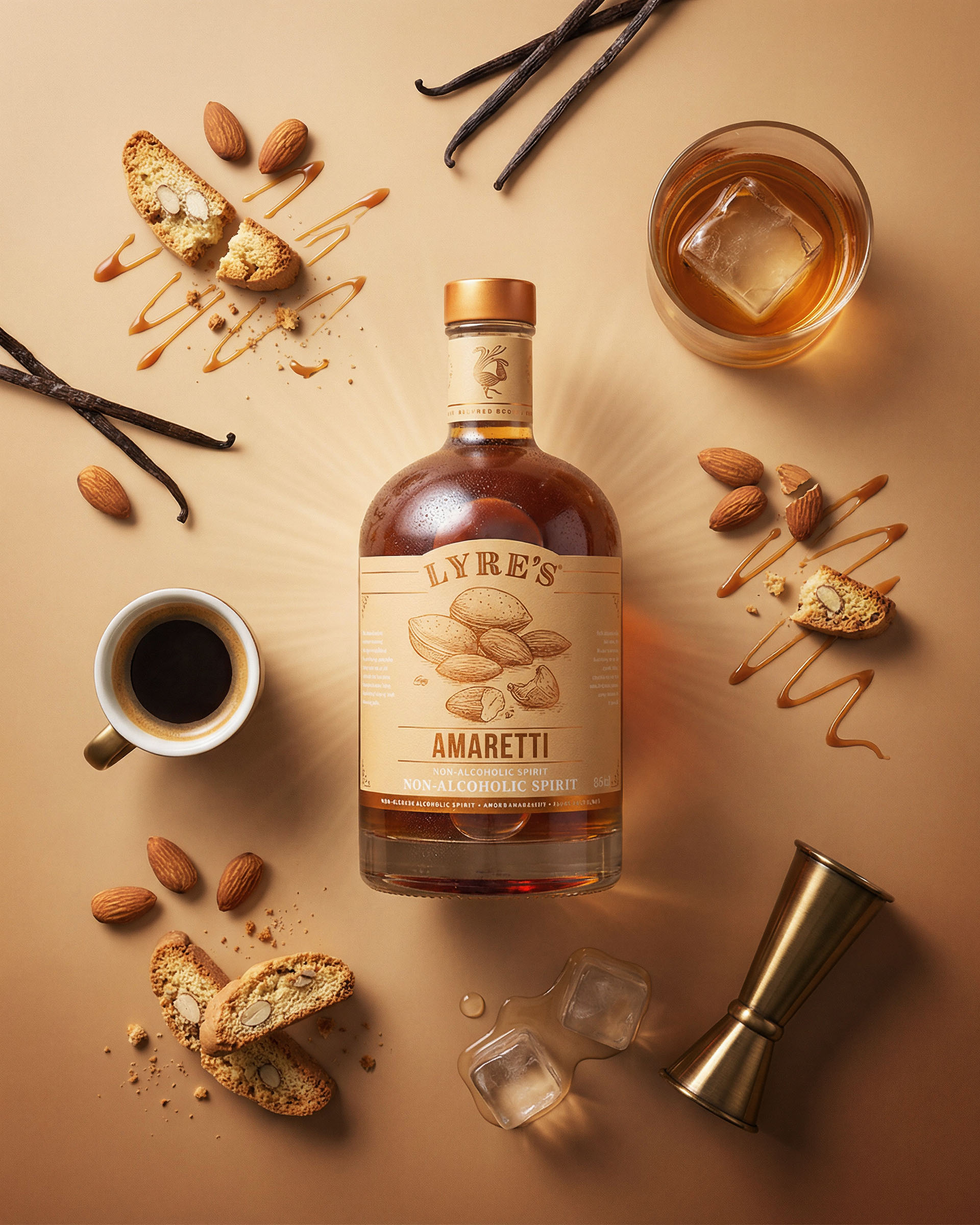 Lyres amaretti flatlay, beverage visual by 35milimetre