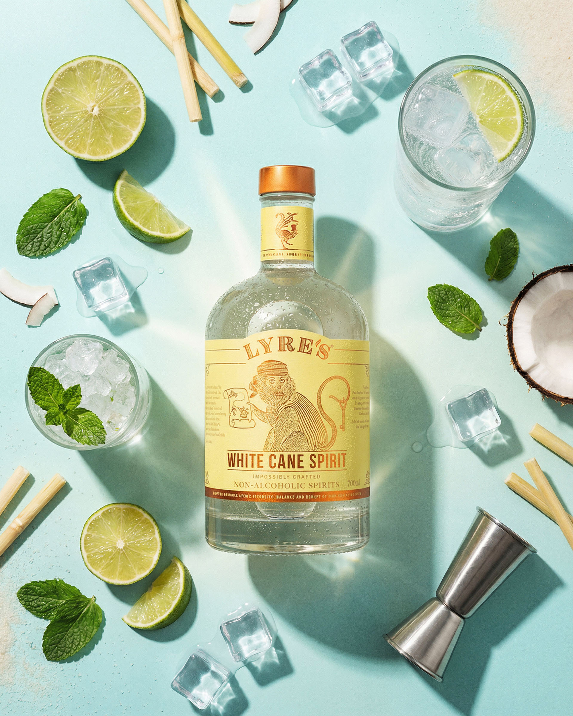 Lyres white cane flatlay, beverage visual by 35milimetre