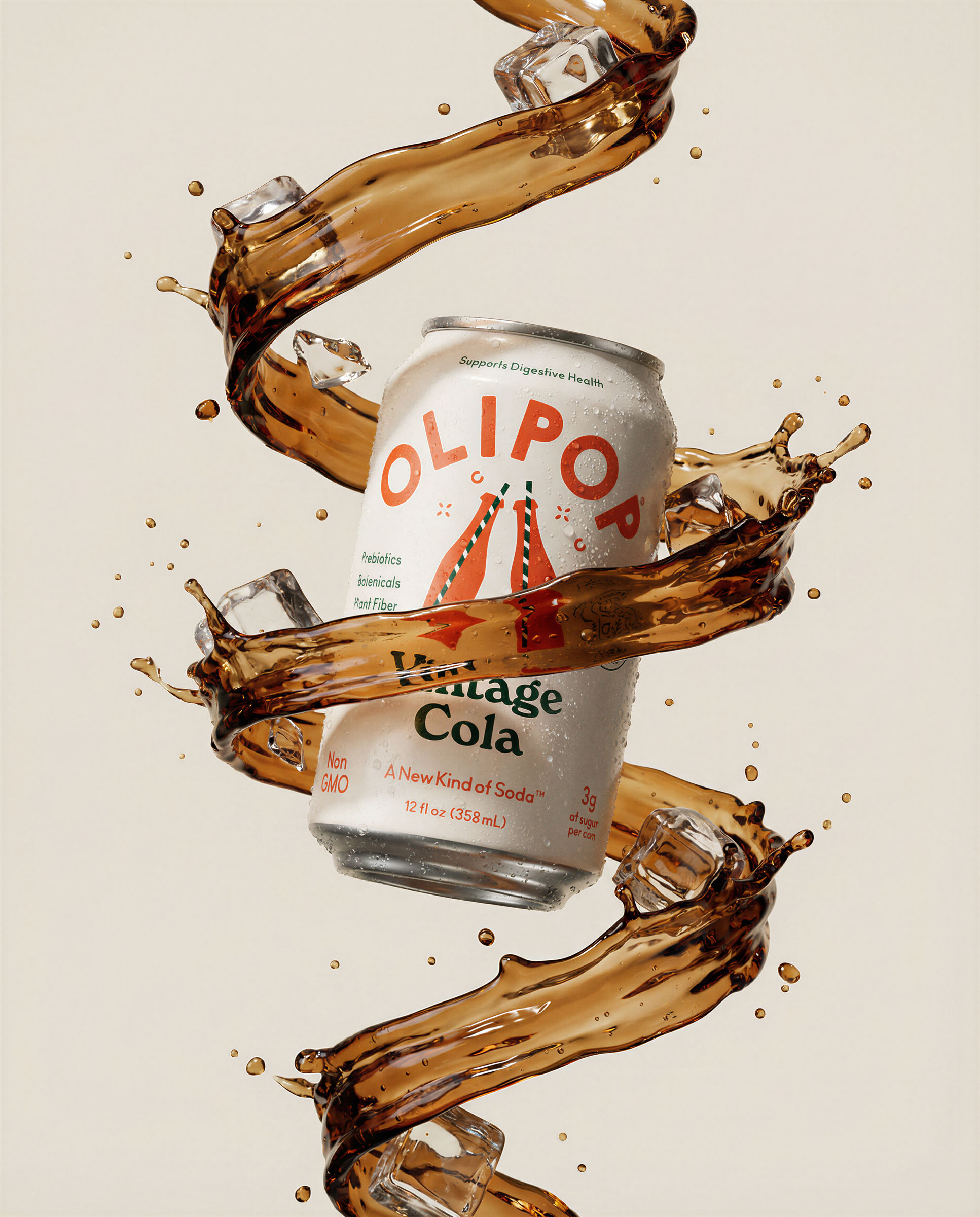 Olipop vintage cola splash, beverage visual by 35milimetre