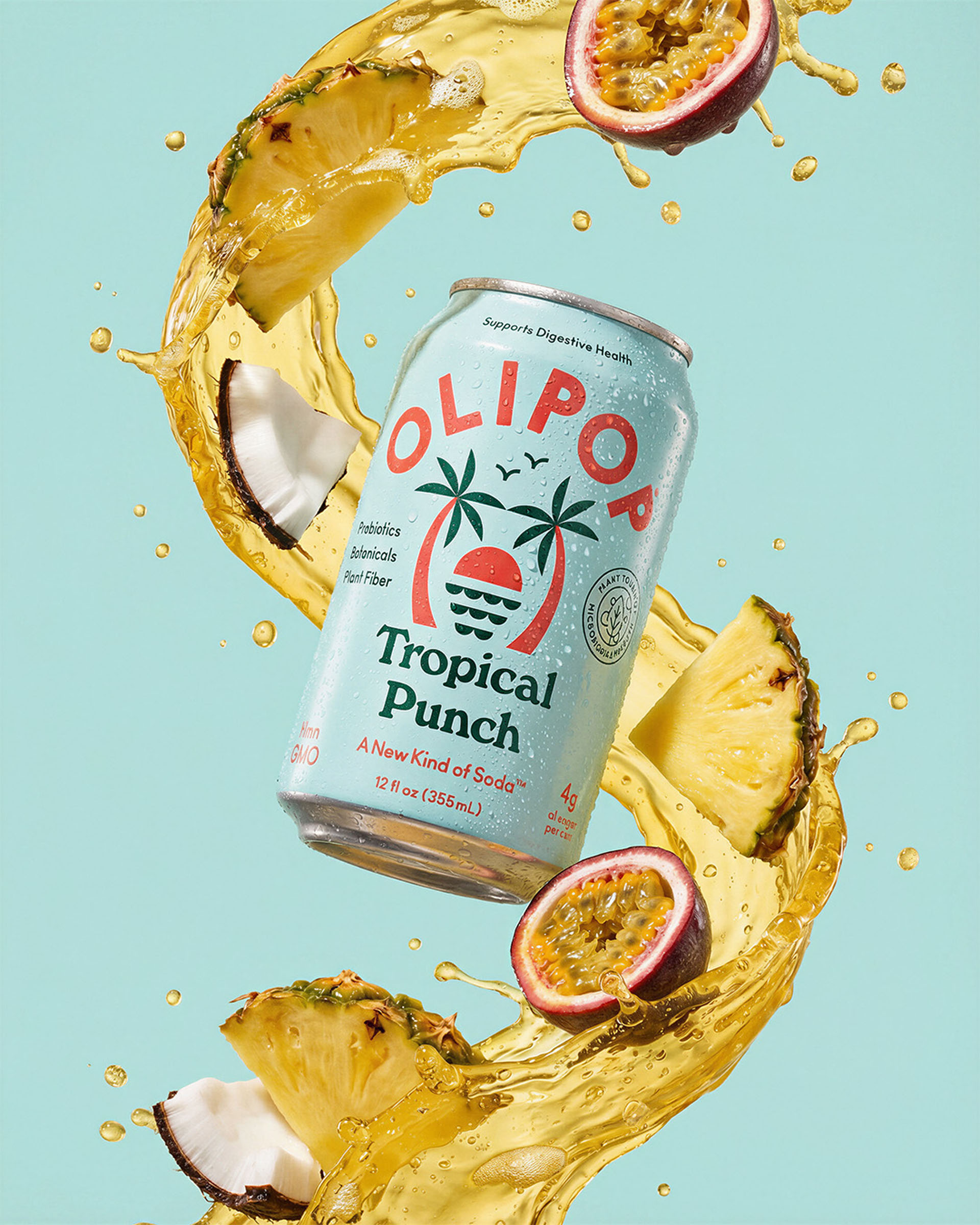 Olipop tropical punch splash, beverage visual by 35milimetre