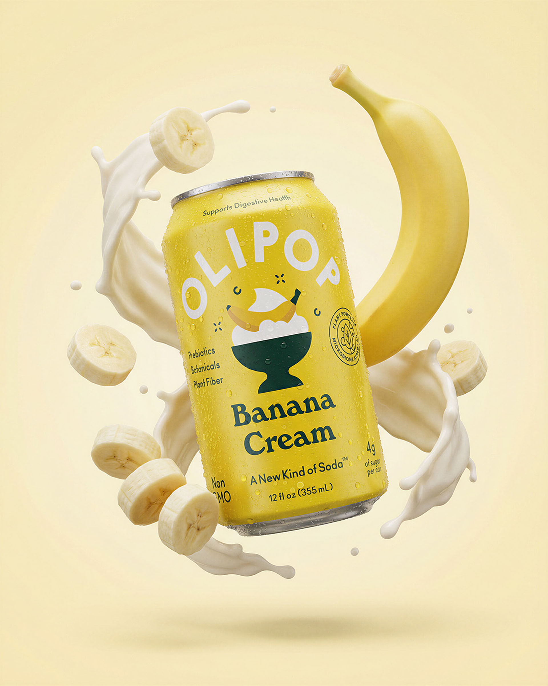 Olipop banana cream splash, beverage visual by 35milimetre