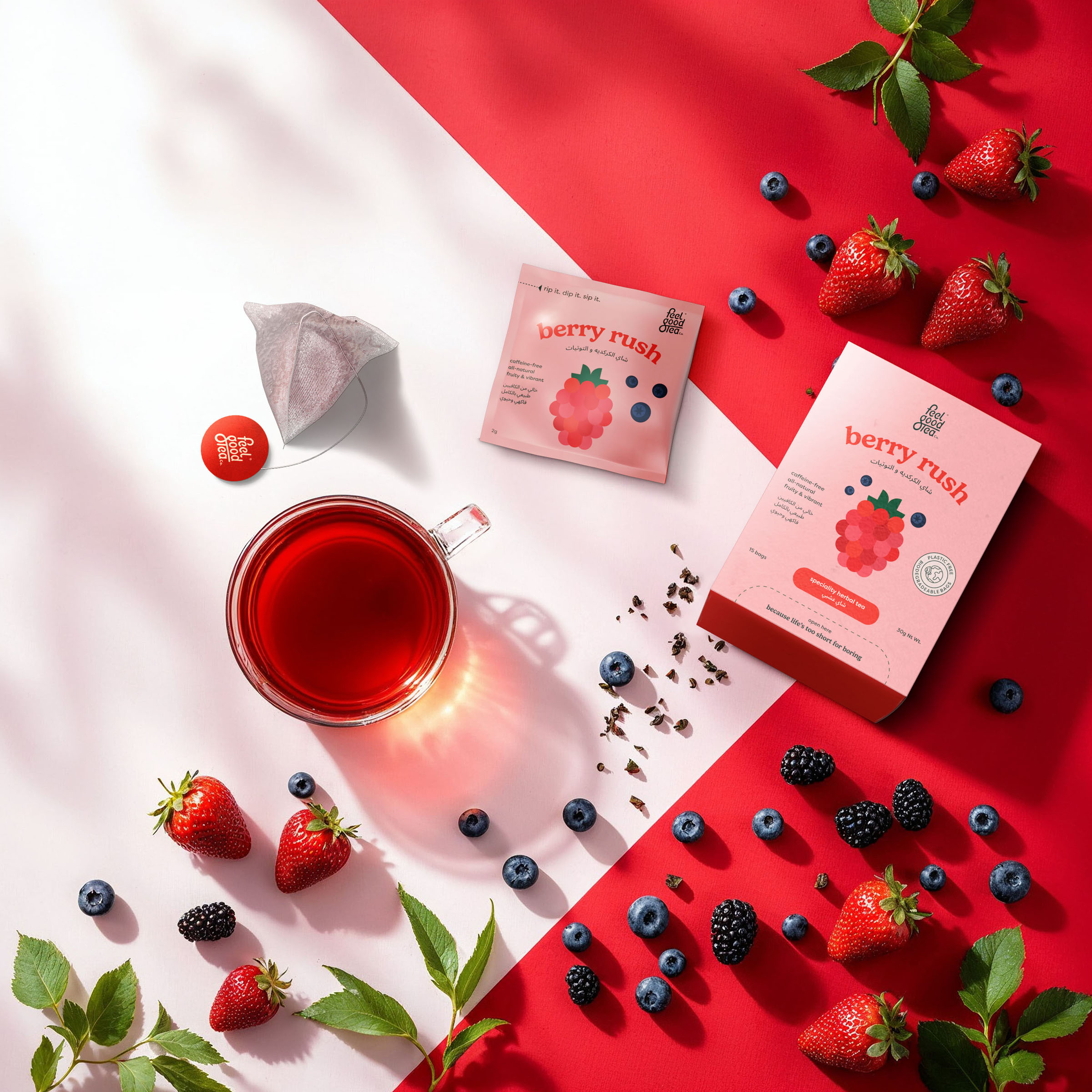 Tea berry rush flatlay, beverage visual by 35milimetre