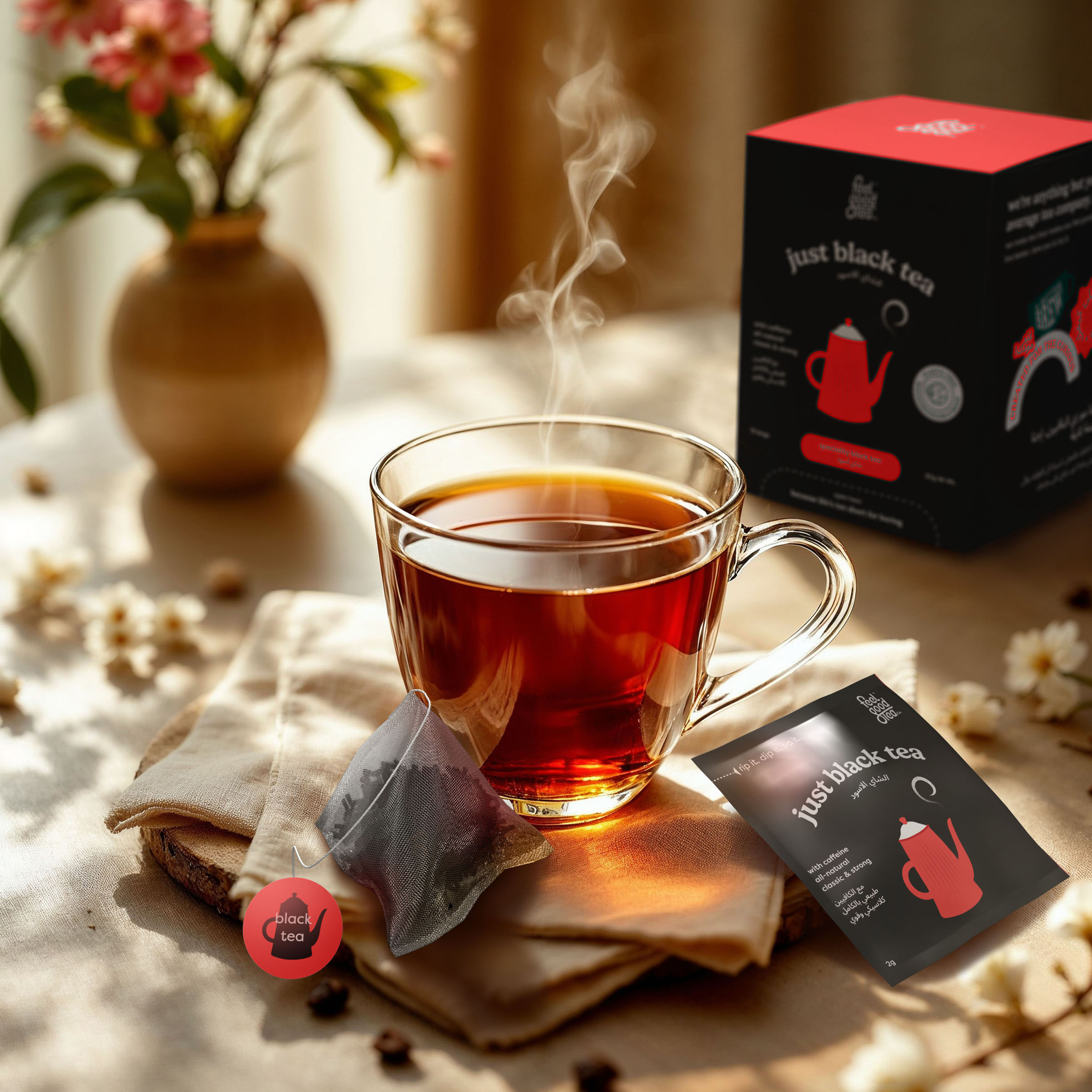Tea black tea sunlit cup, beverage visual by 35milimetre