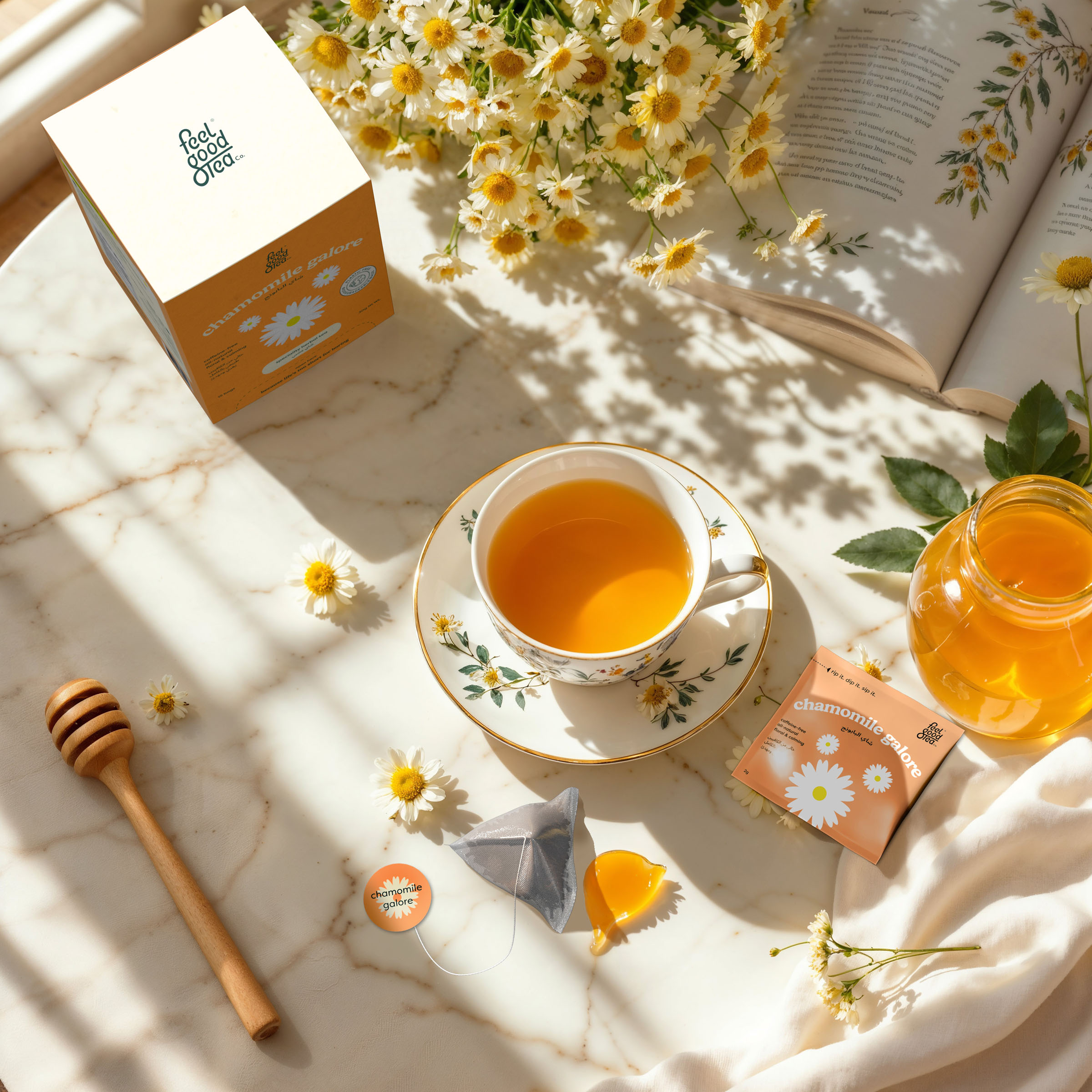 Tea chamomile honey flatlay, beverage visual by 35milimetre