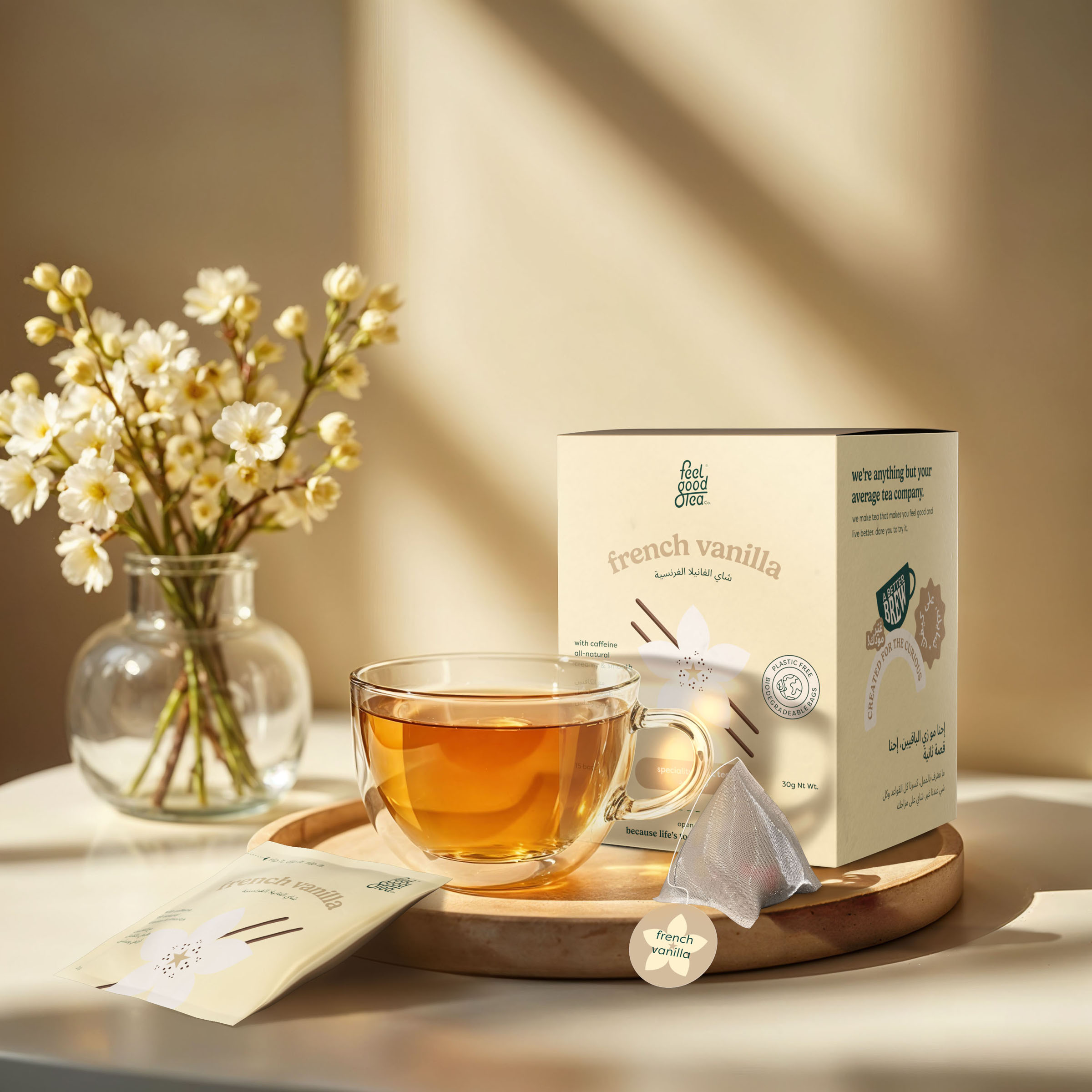 Tea french vanilla sunlit cup, beverage visual by 35milimetre