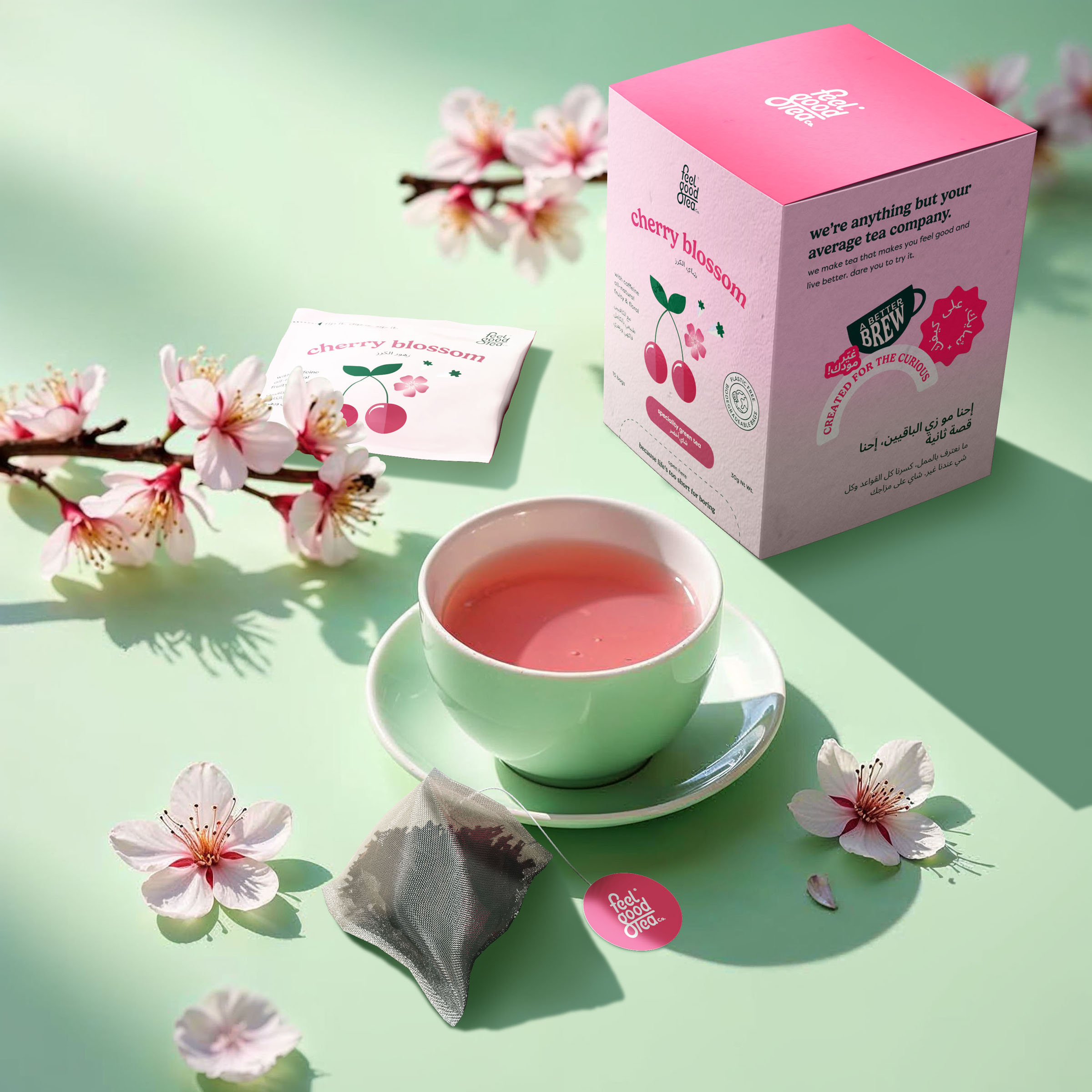 Tea cherry blossom mint background, beverage visual by 35milimetre