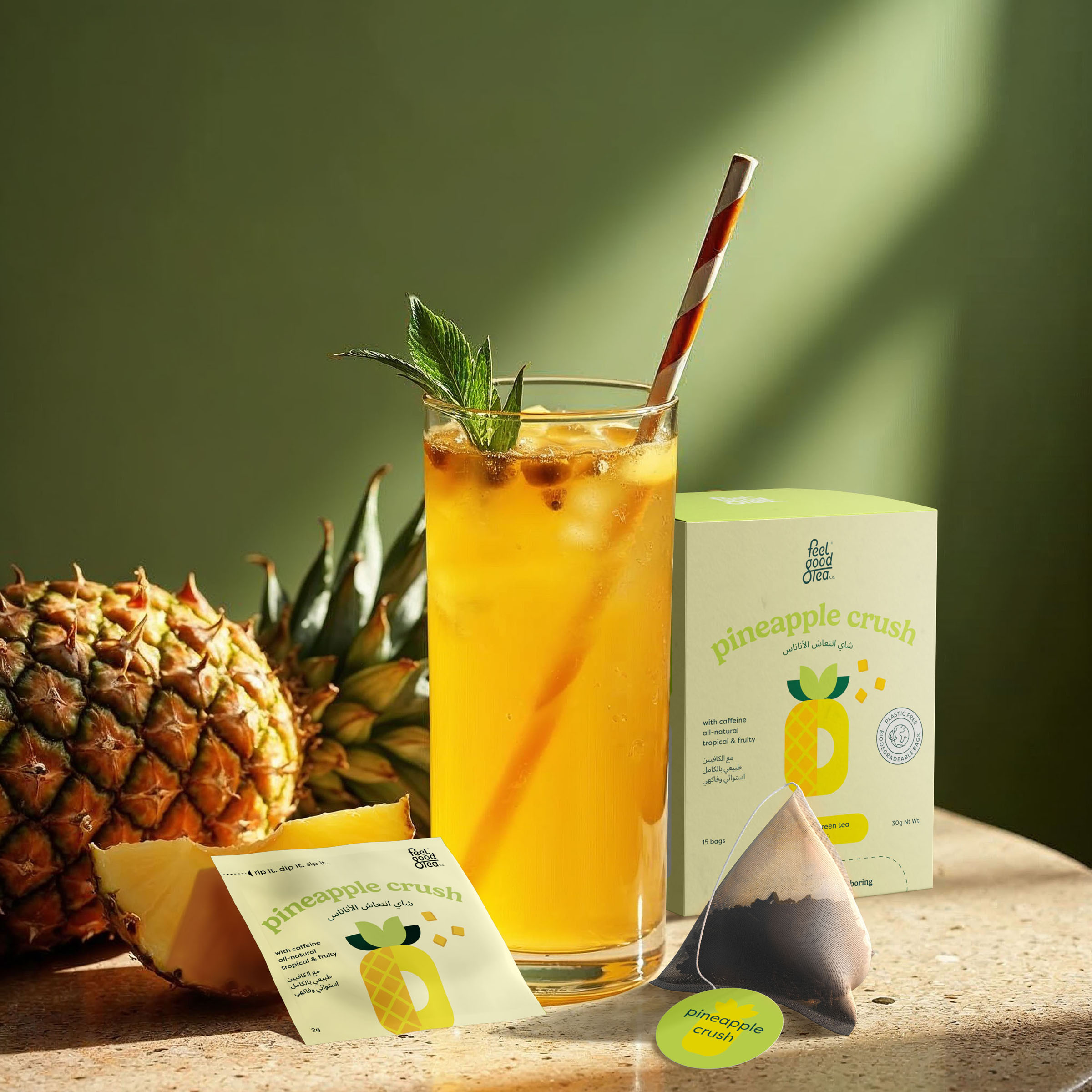 Tea pineapple crush iced glass, beverage visual by 35milimetre