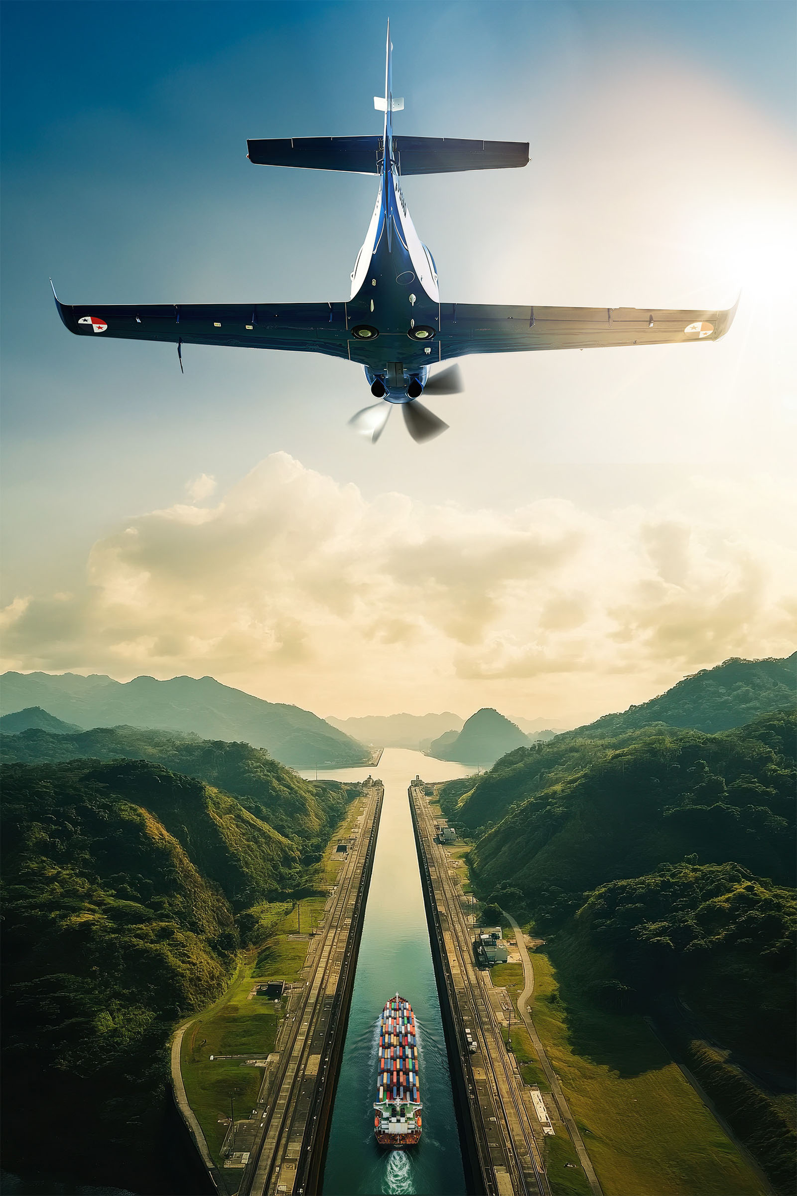 Aircraft canal mountain flight, photo composite by 35milimetre