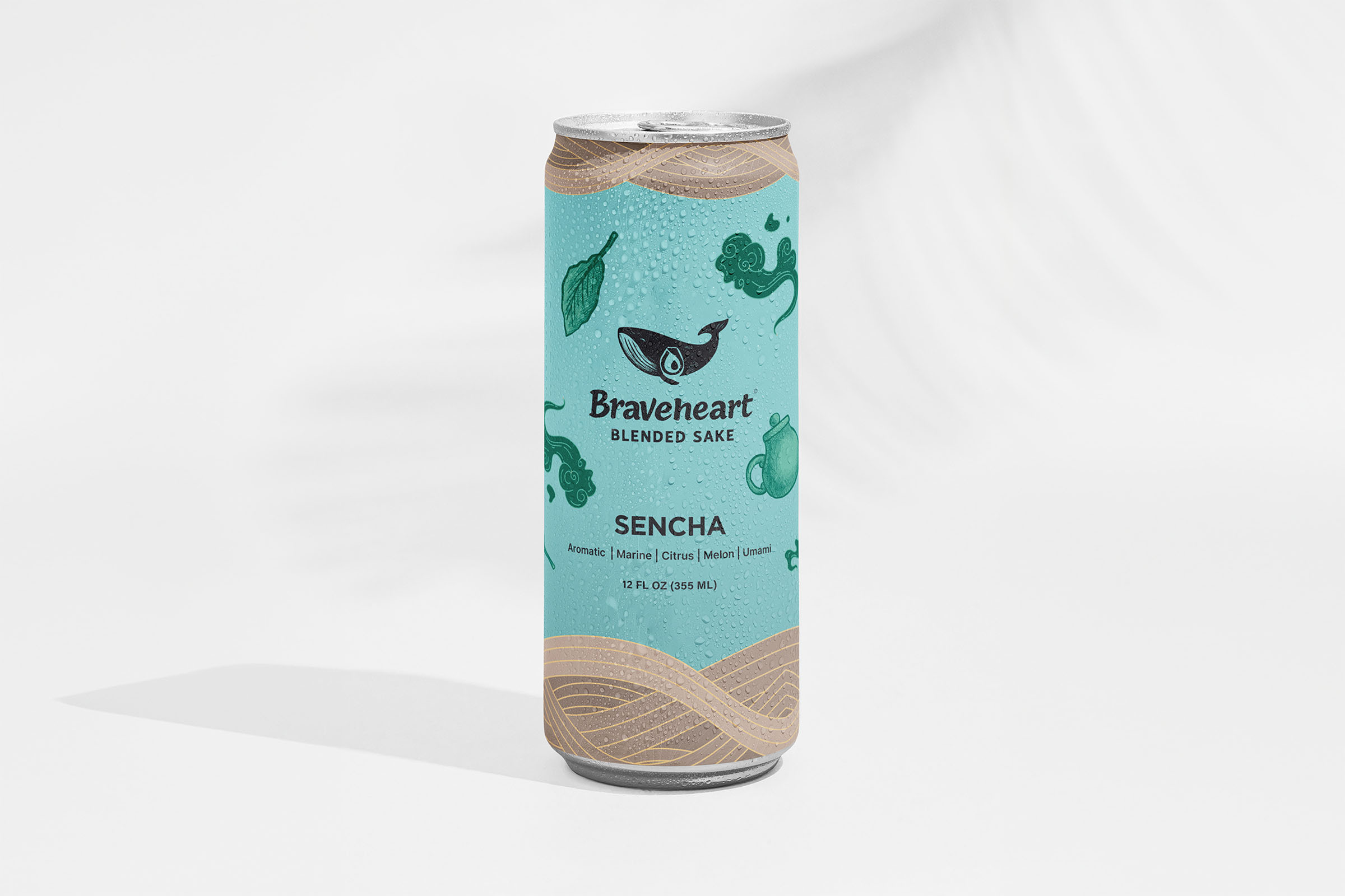 Braveheart sencha sake can front, packaging design by 35milimetre