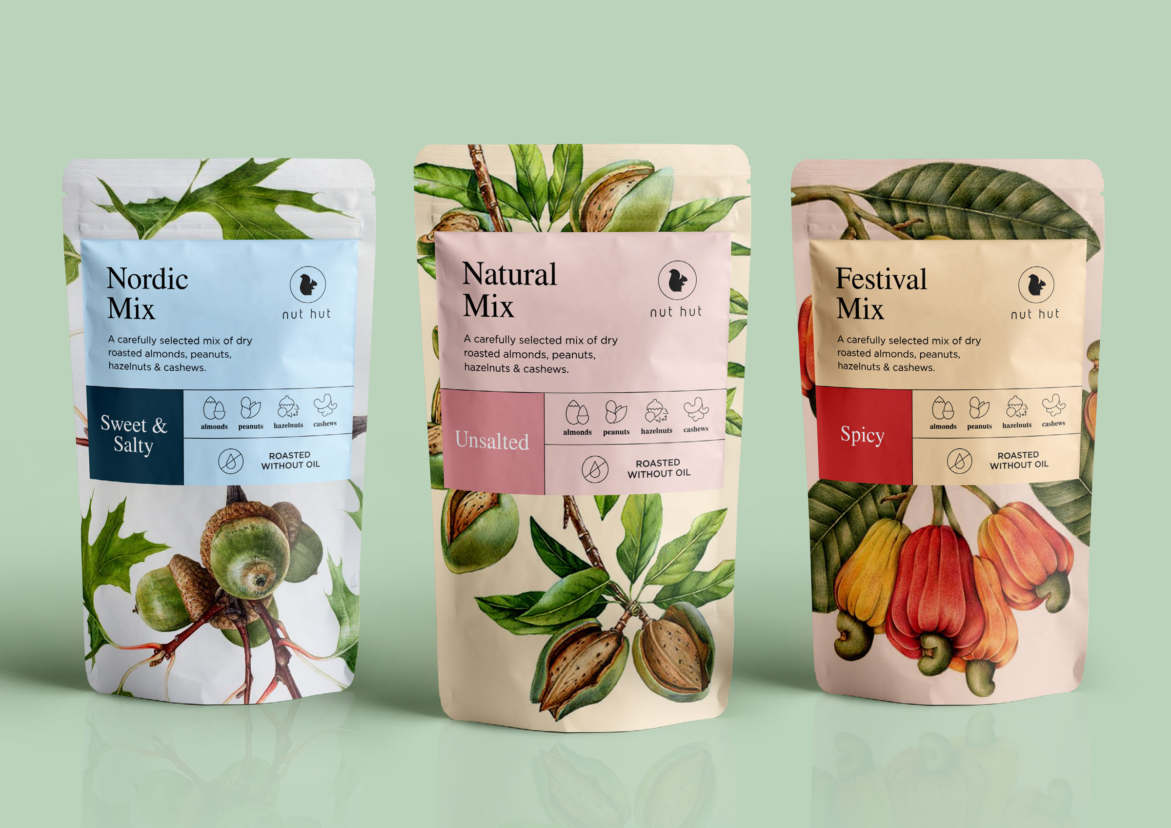 Nut hut botanical pouch range, packaging design by 35milimetre