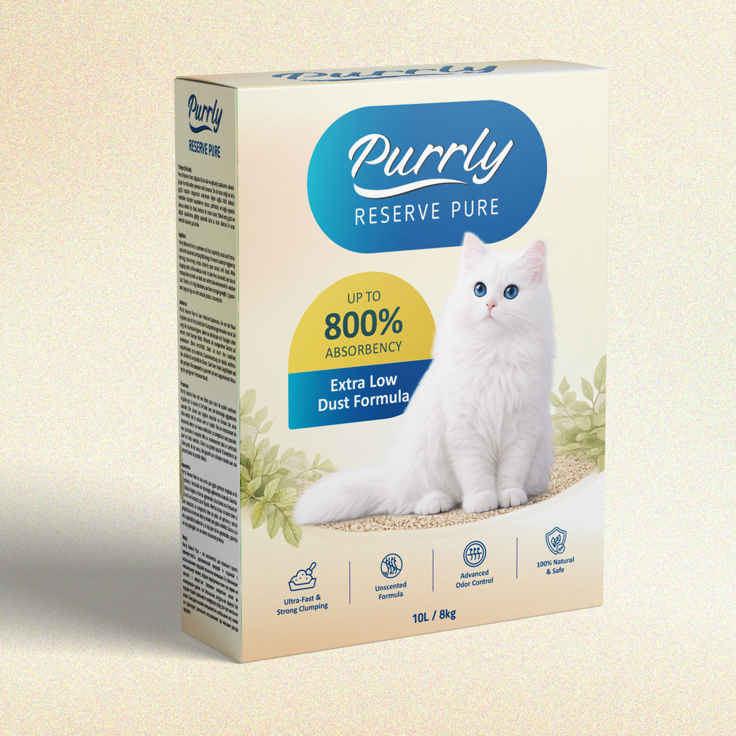 Purrly cat litter cream carton, packaging design by 35milimetre