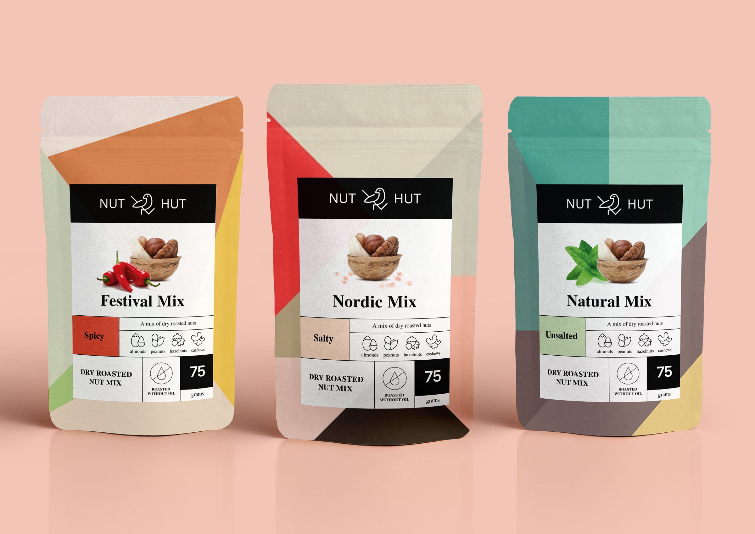 Nut hut geometric pouch range, packaging design by 35milimetre