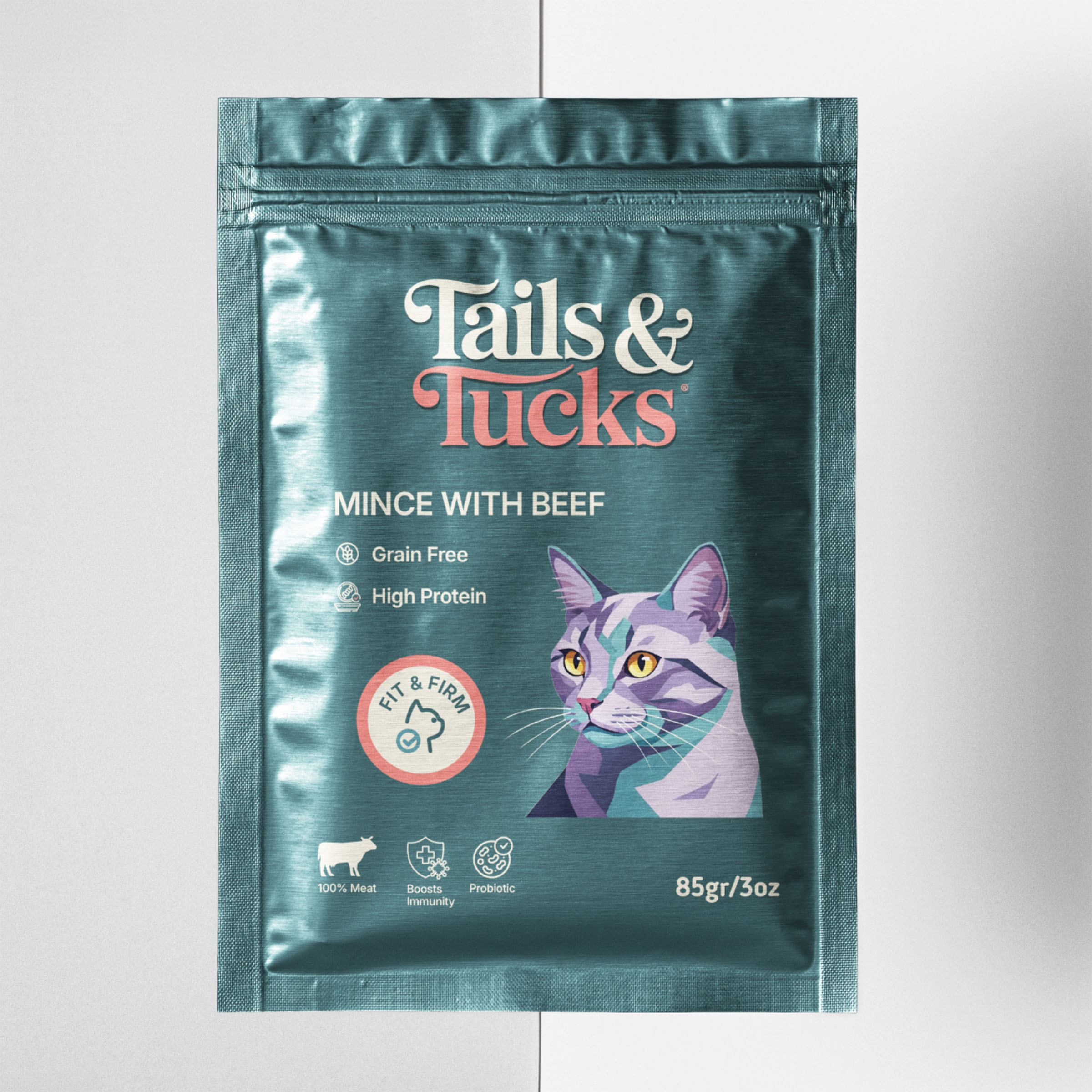 Tails and tucks cat food pouch, packaging design by 35milimetre