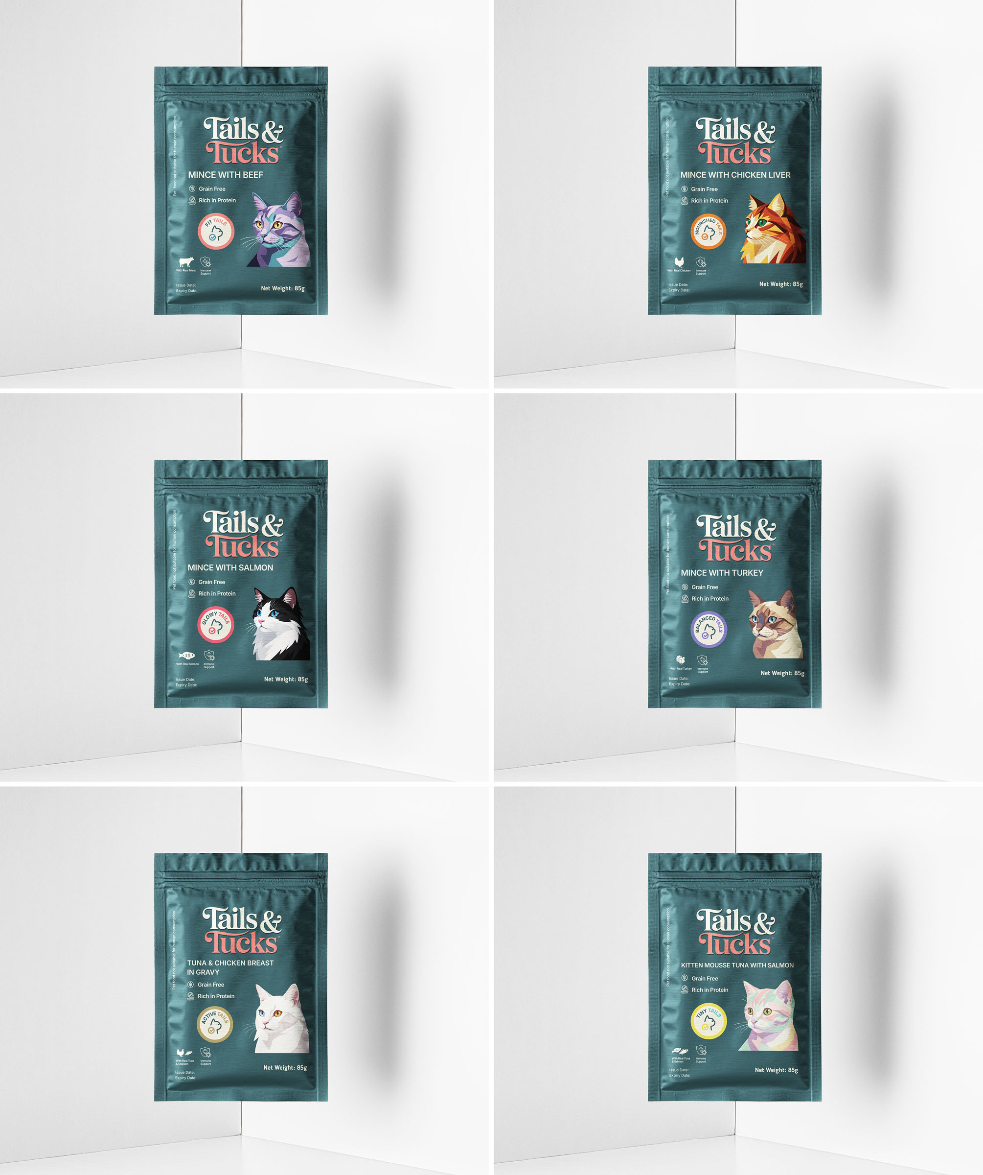 Tails and tucks cat pouch range, packaging design by 35milimetre
