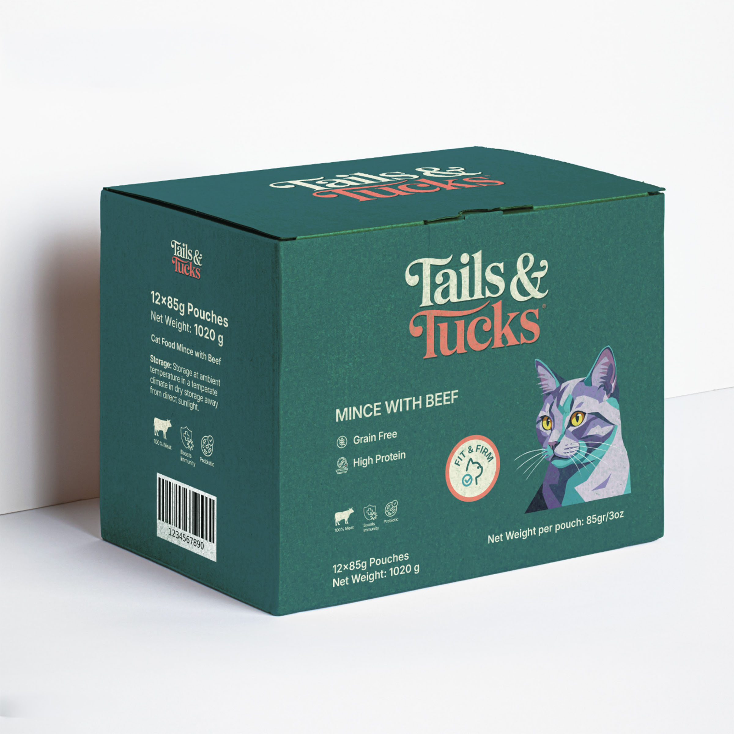 Tails and tucks cat food box, packaging design by 35milimetre