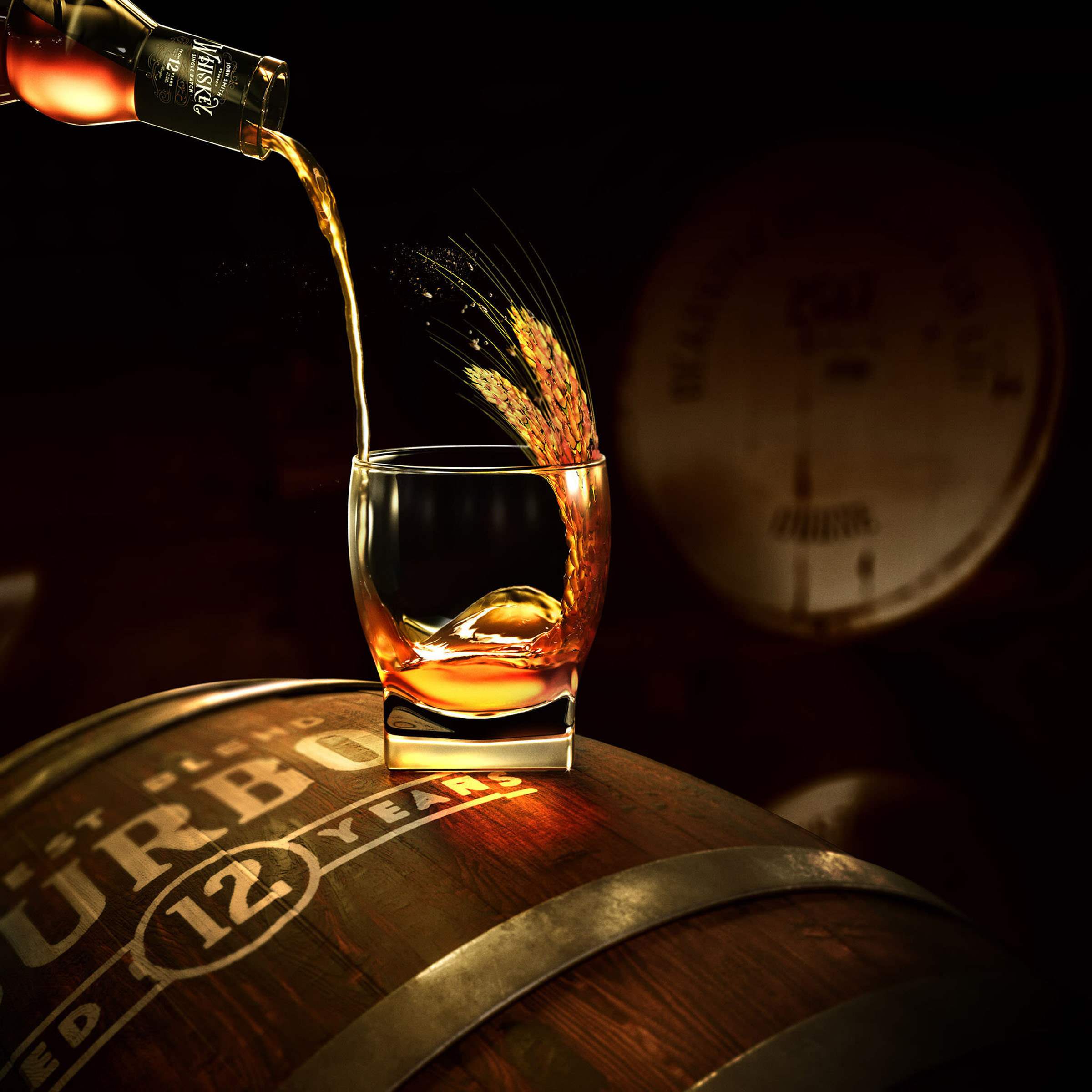 Whisky pour splash barrel, spirits visual by 35milimetre
