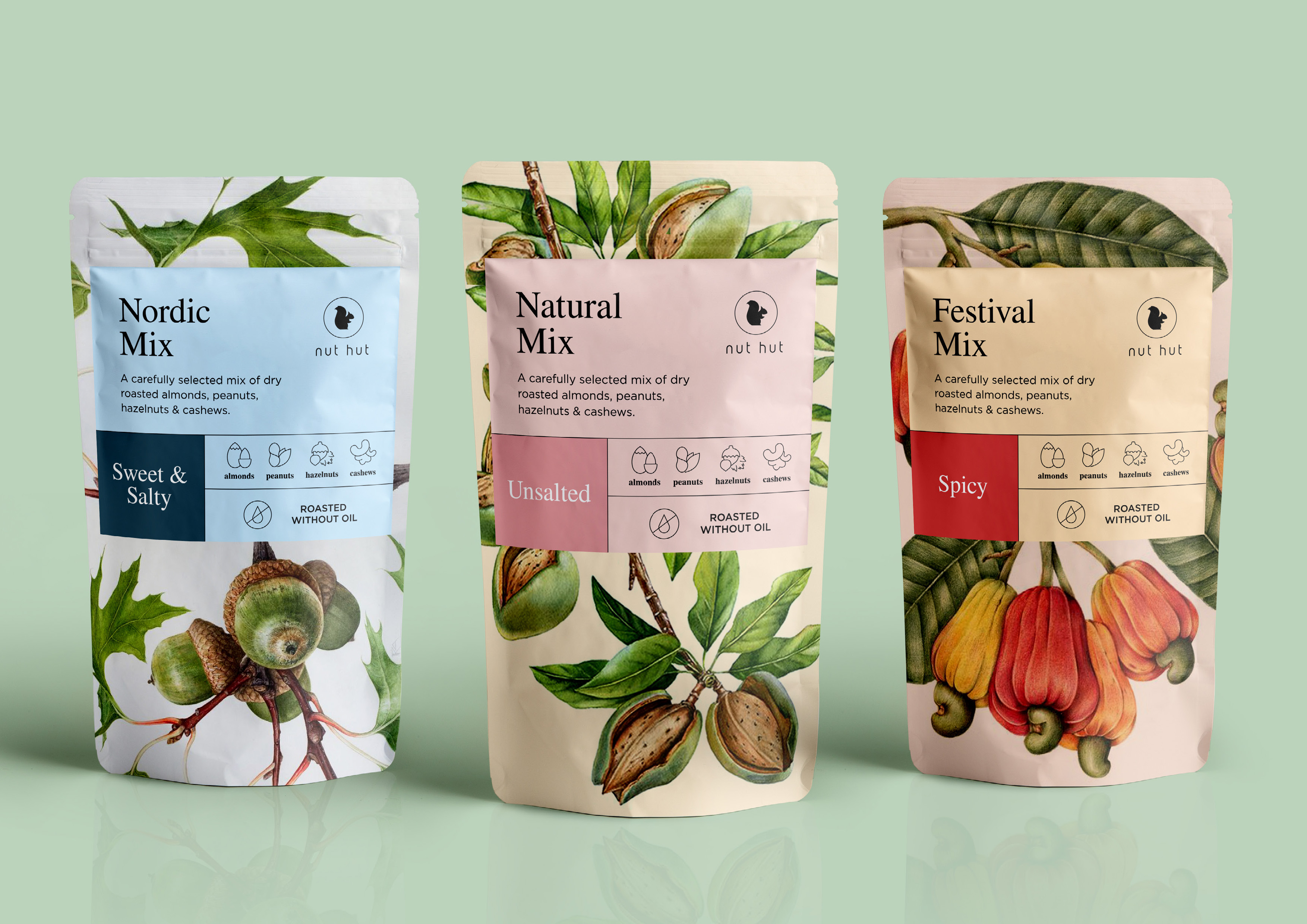 Nut Hut nut mix pouches with botanical illustrations: Nordic, Natural and Festival Mix packaging design