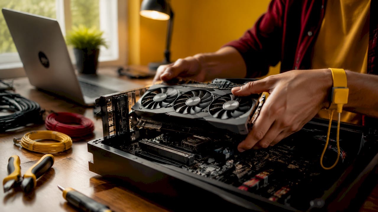 Hands installing GPU in desktop for 3D visualization