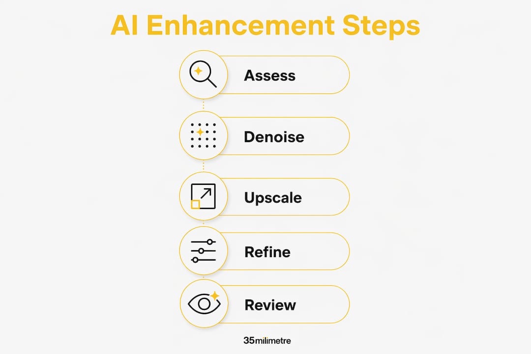 Infographic illustrating AI image enhancement steps