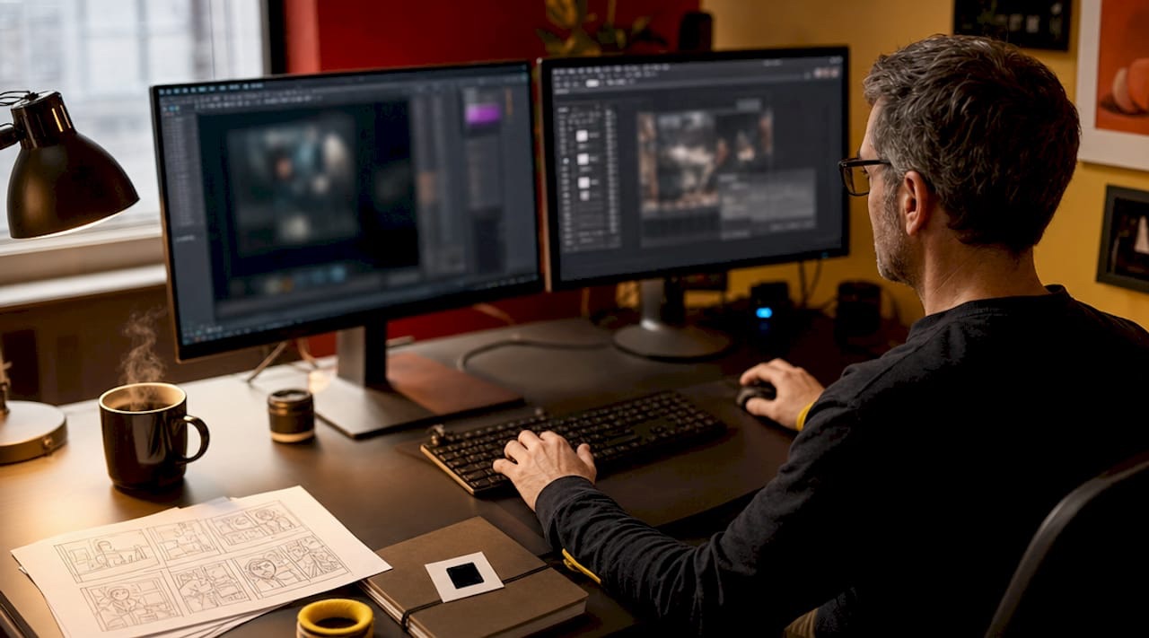 Photo editor working on compositing in studio