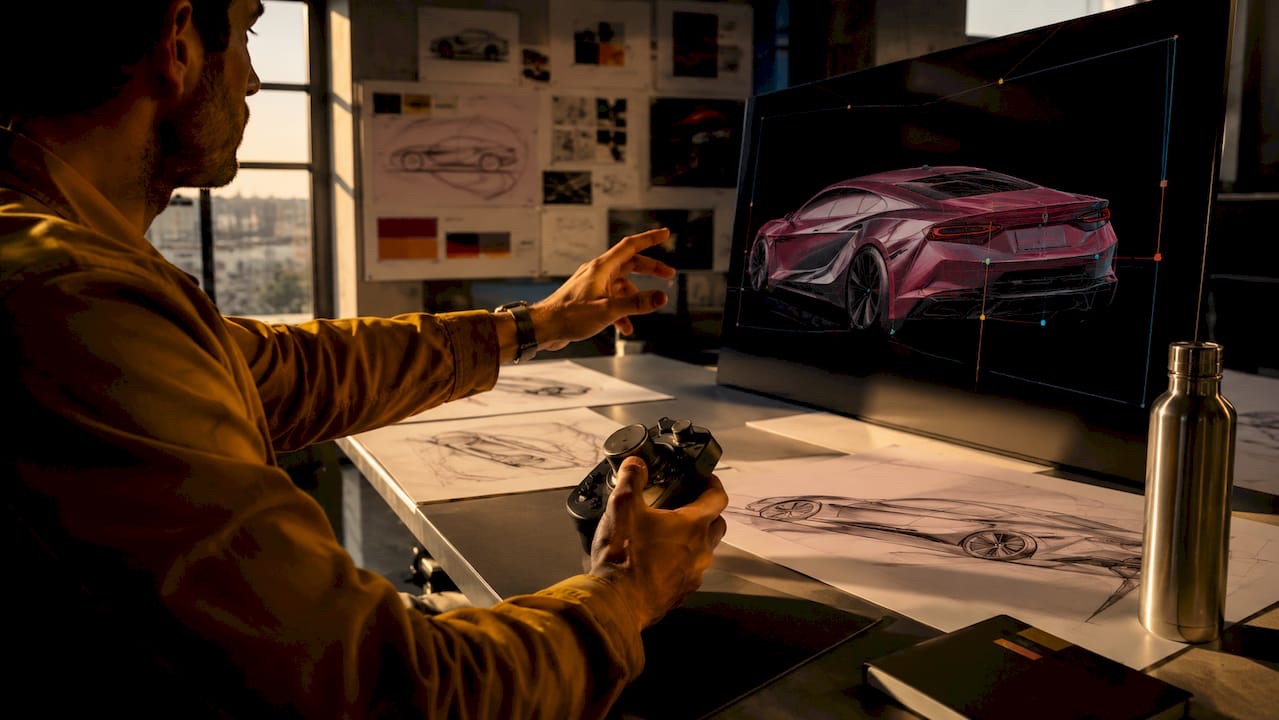 Hands controlling 3D automotive visualization software