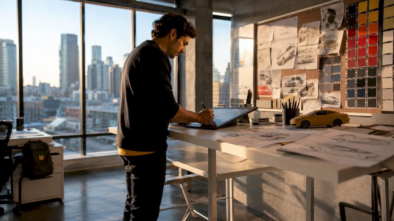 Designer sketching automotive 3D model in studio
