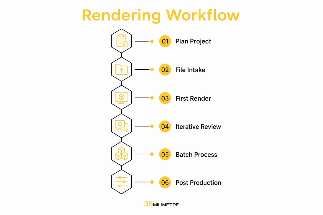 Infographic showing 3D product rendering workflow steps