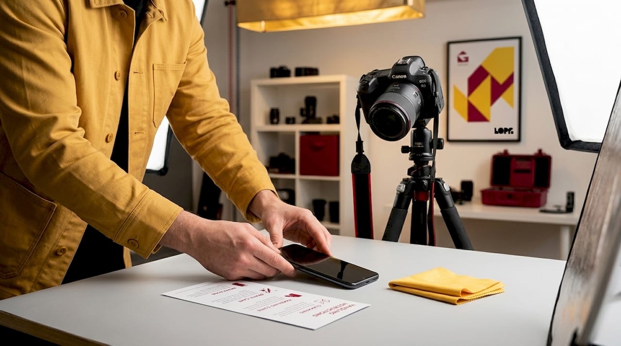 Product photographer setting up smartphone shoot