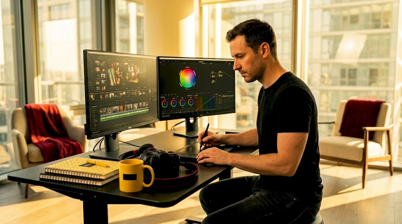 Video editor working on color grading at desk