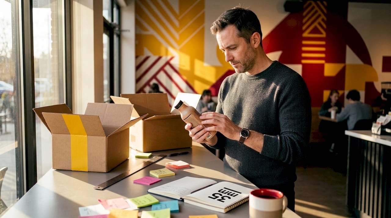 Manager evaluating tactile product packaging at desk