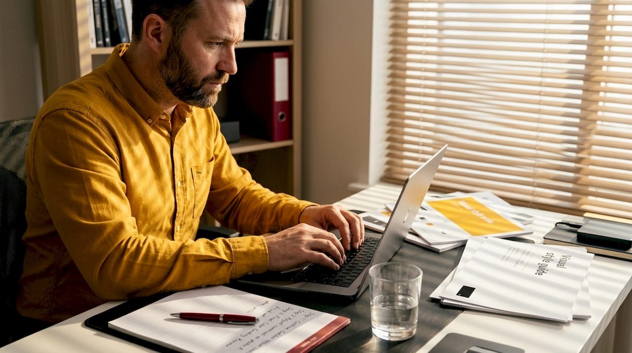 Manager crafting creative brief at desk