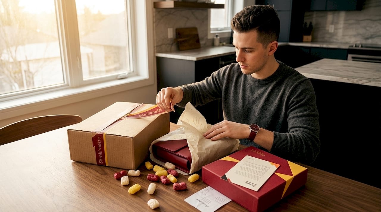 Unboxing ecommerce package with layered materials