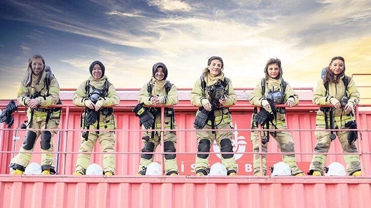 Istanbul Municipality Women Firefighters image: Good sky replacement but sky colors have not been implied on the foreground, colors are cooler on the subjects.