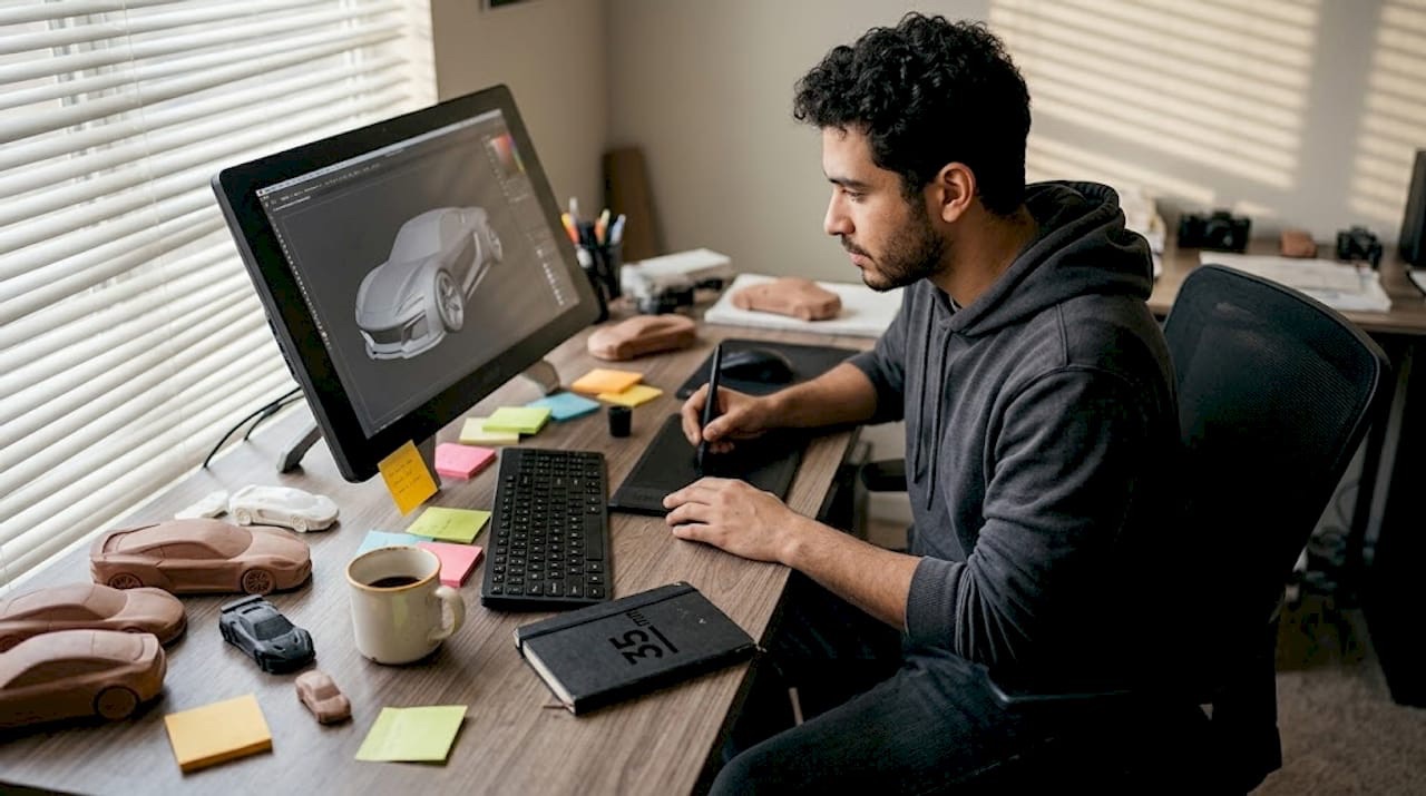 3D artist sculpting car model in studio