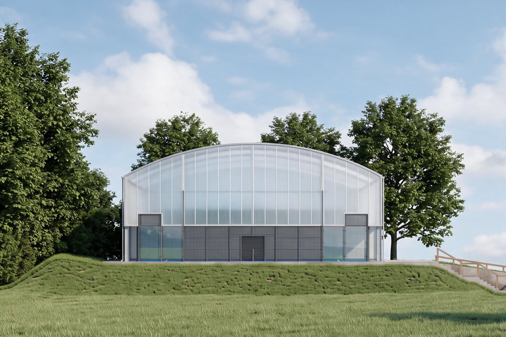 AI render of a curved polycarbonate padel court canopy on a grassy bank, made from an elevation drawing