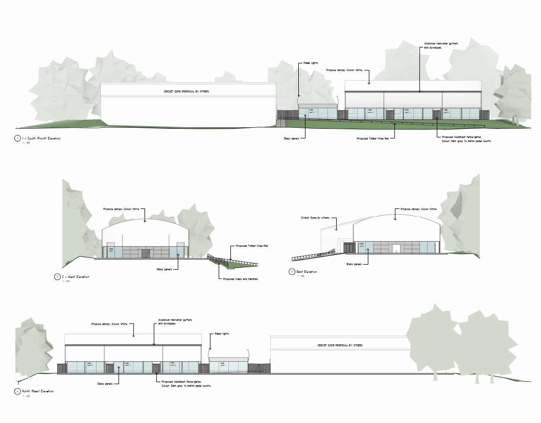 Architect's elevation drawings of padel court canopies and a cricket dome, flat gray lines with labels