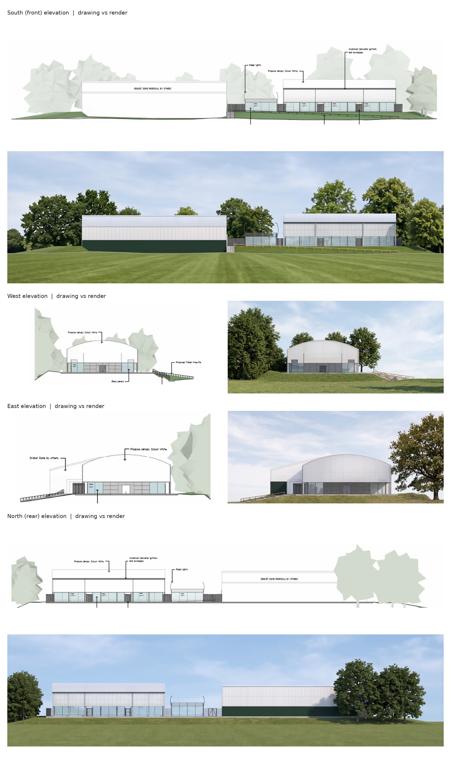 Side-by-side comparison of four architectural elevation drawings and their AI-generated photoreal renders