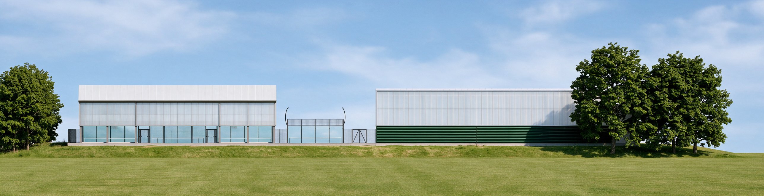 AI render of the north elevation: padel canopy, single court and a dome with green louvered panels