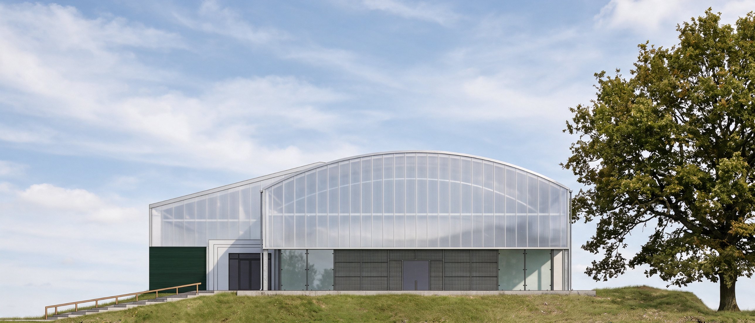 AI render of the east elevation: polycarbonate padel canopy with the neighboring dome behind it