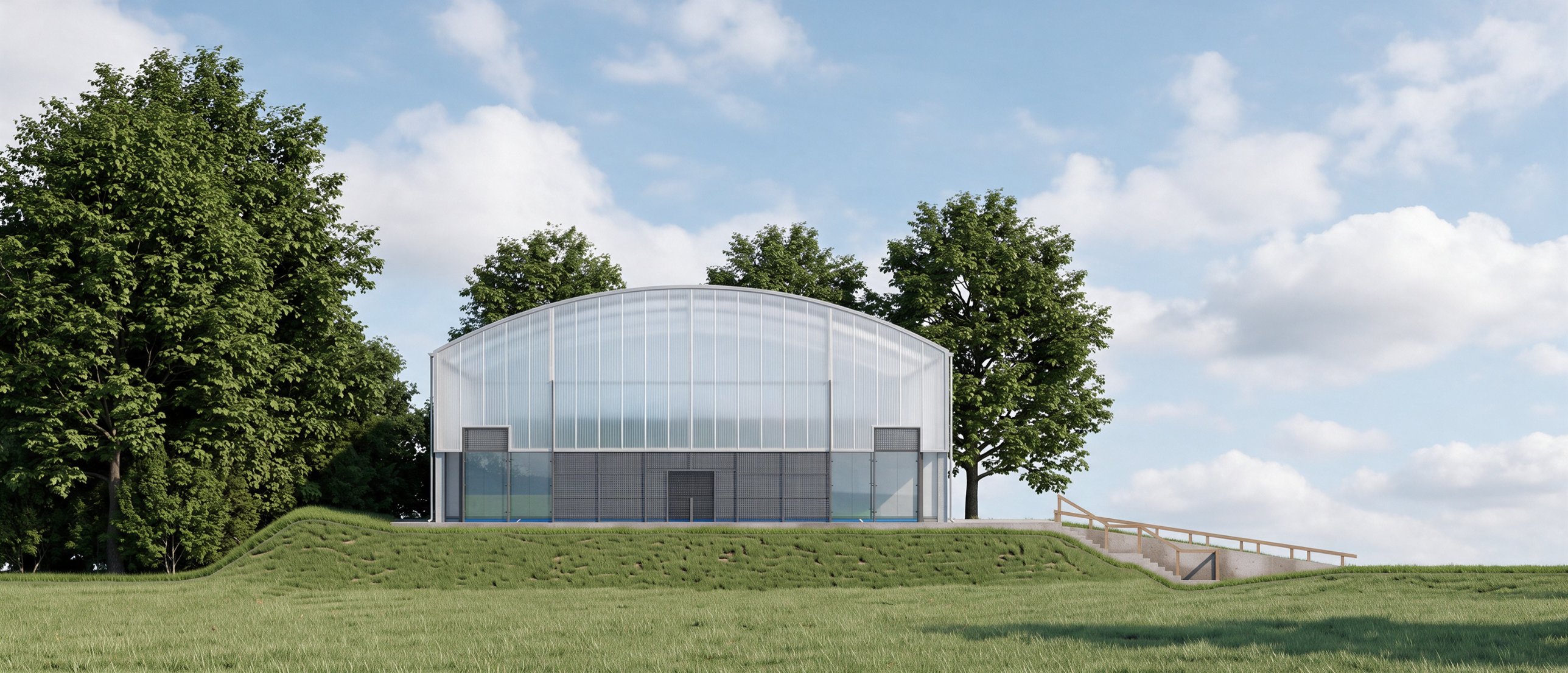 AI render of the west elevation: curved polycarbonate padel canopy with glass panels, steps and timber rail