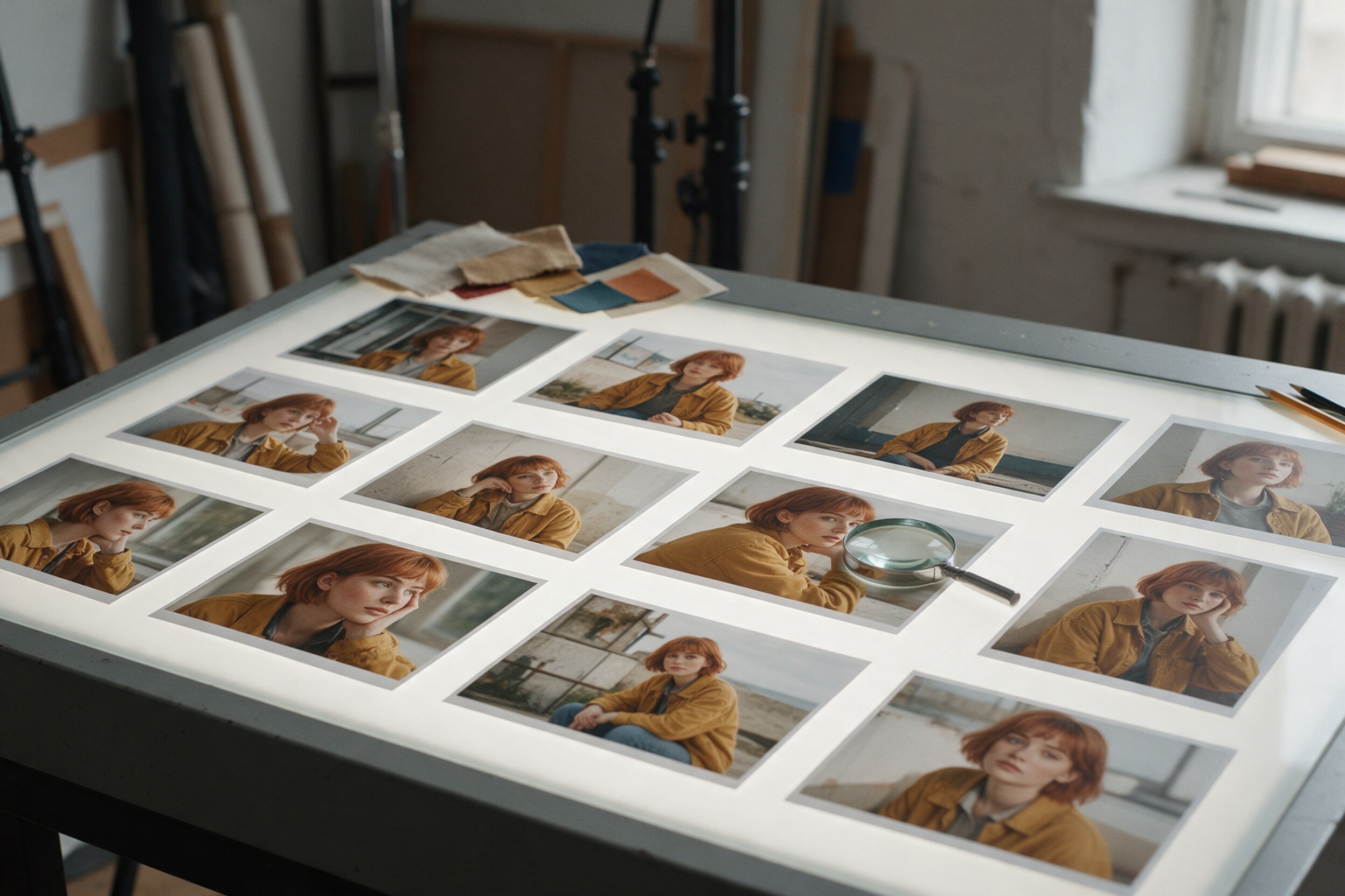 A light table covered with printed photos of the same fictional model in a mustard jacket, with a loupe and fabric swatches