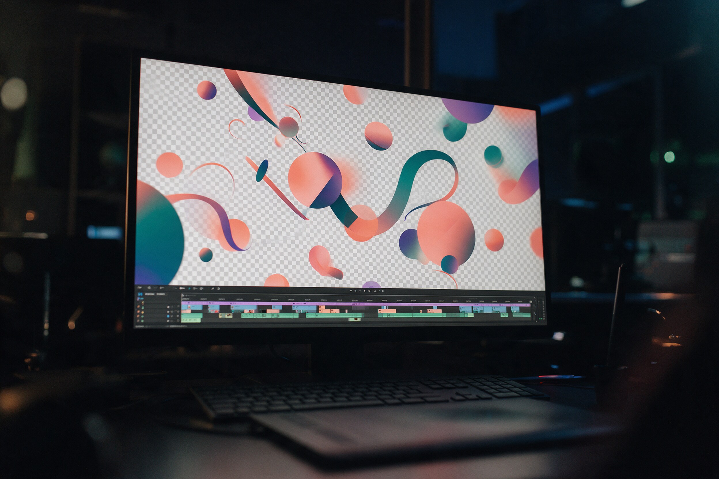 A dark edit suite with a monitor showing colourful motion graphics shapes over a transparency checkerboard and a timeline below