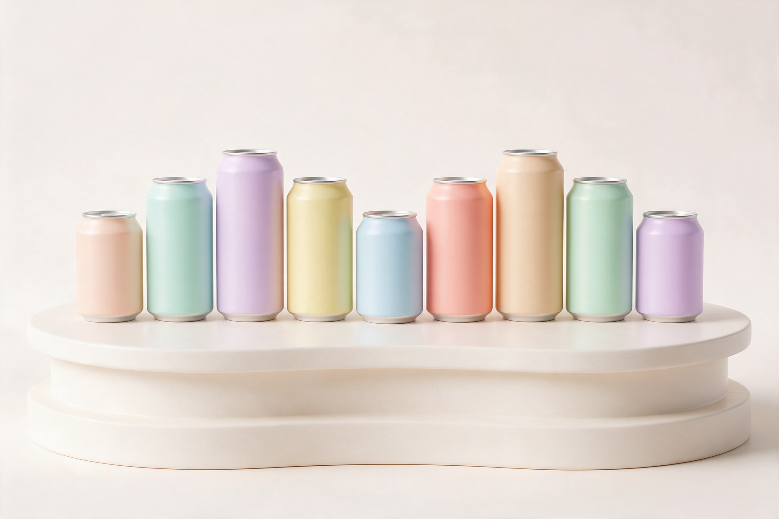 A row of unbranded drink cans in pastel colours and two sizes on a curved off-white podium