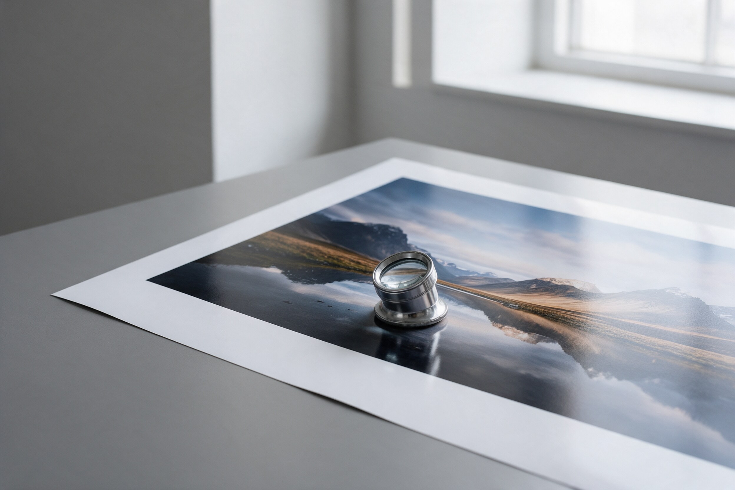 A large landscape print on a grey table with a loupe resting on it, lit by soft window light