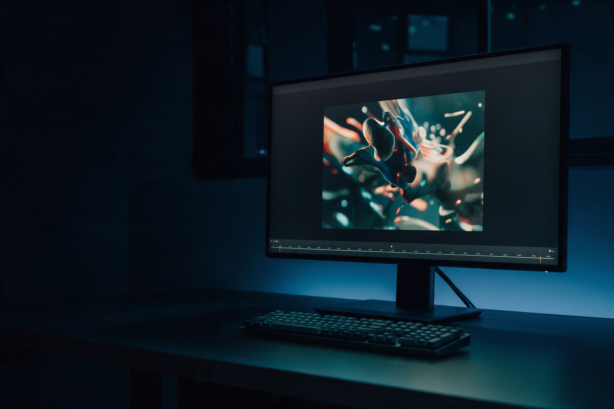 A dark editing suite with a monitor showing a paused abstract clip above a video timeline, lit in cool blue