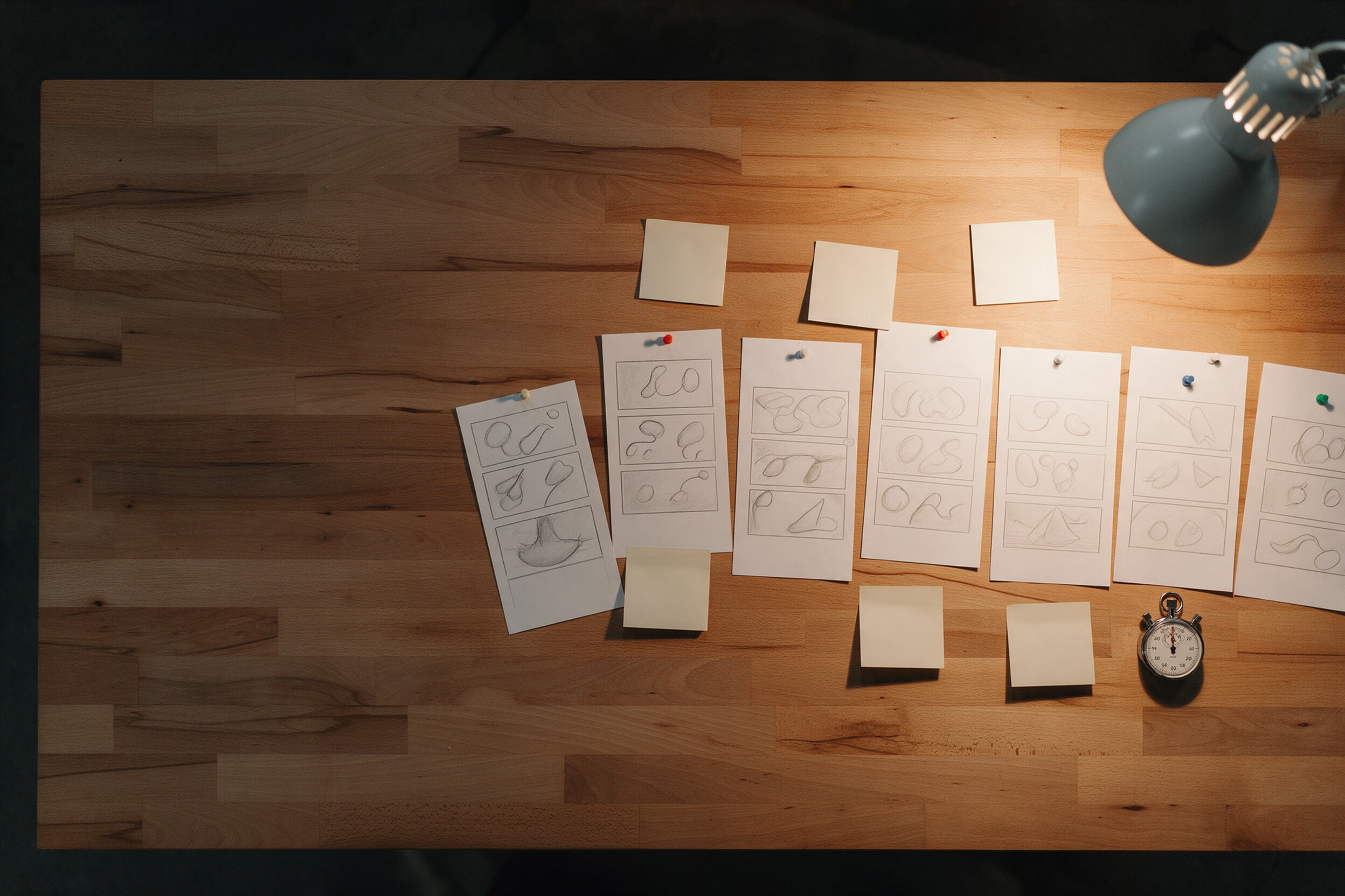Hand-drawn storyboard panels pinned in a row on a wooden desk under a warm lamp, with a stopwatch beside them
